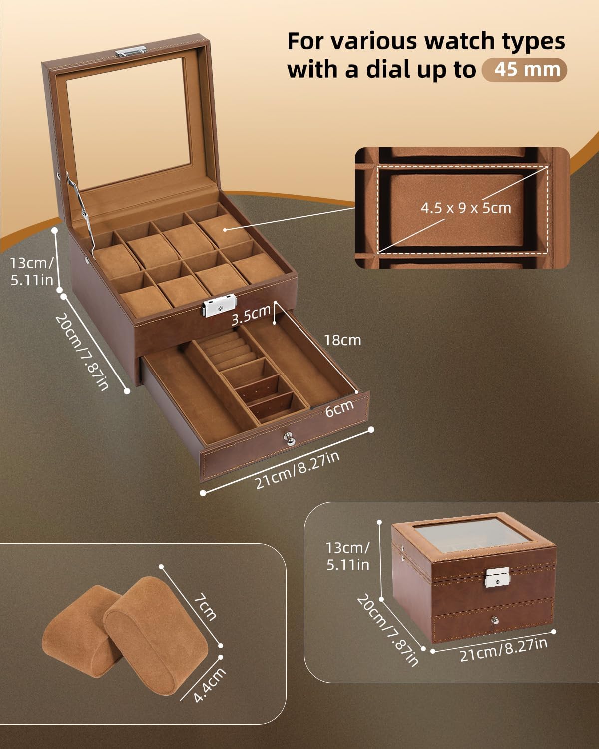 Uhrenbox mit 8 Fächern und Schublade, 8-braunes Pu-braunes