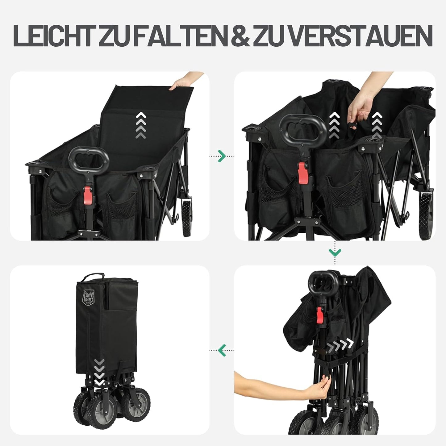 Faltbarer Bollerwagen mit verstellbarem Griff und Seitentaschen, Schwarz