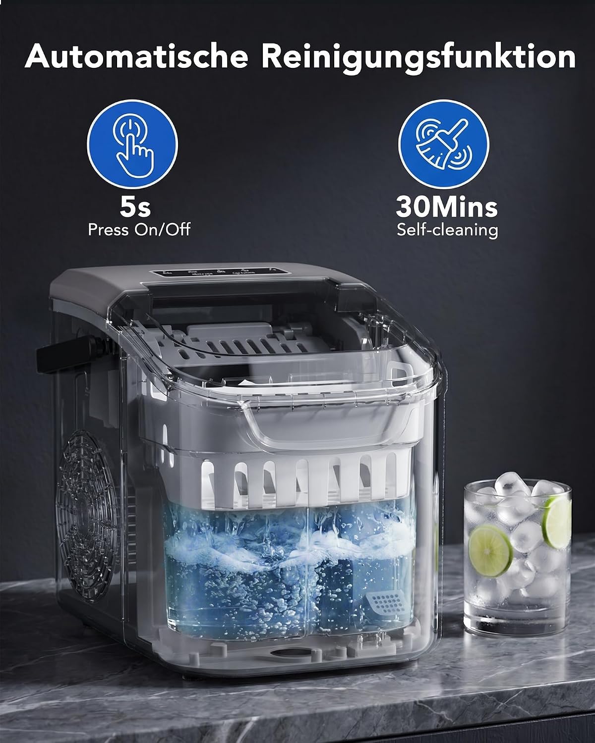 Eiswürfelmaschine mit Selbstreinigung, Kühlgrau