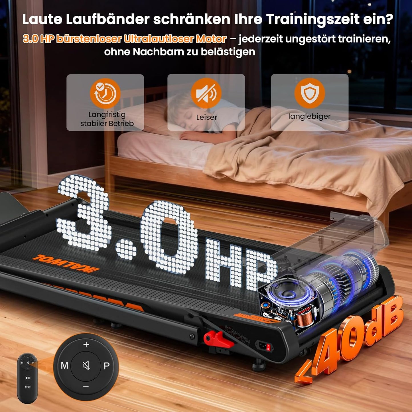 Bluetooth-Laufband mit Steigung & HIIT, Schwarz-orange
