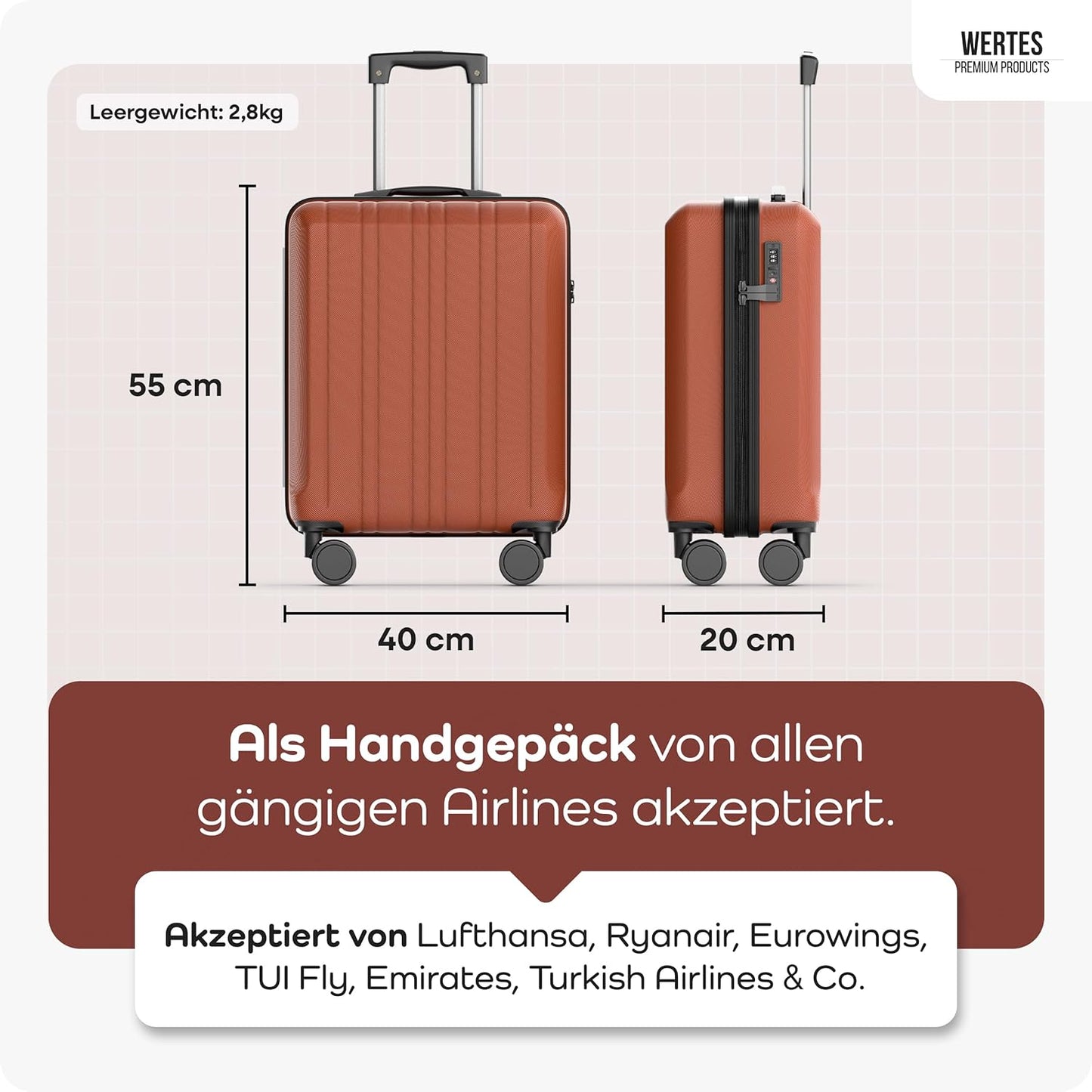 Kabinenkoffer mit Doppellrollen, Handgepäck - 55x40x20cm Terrakotta
