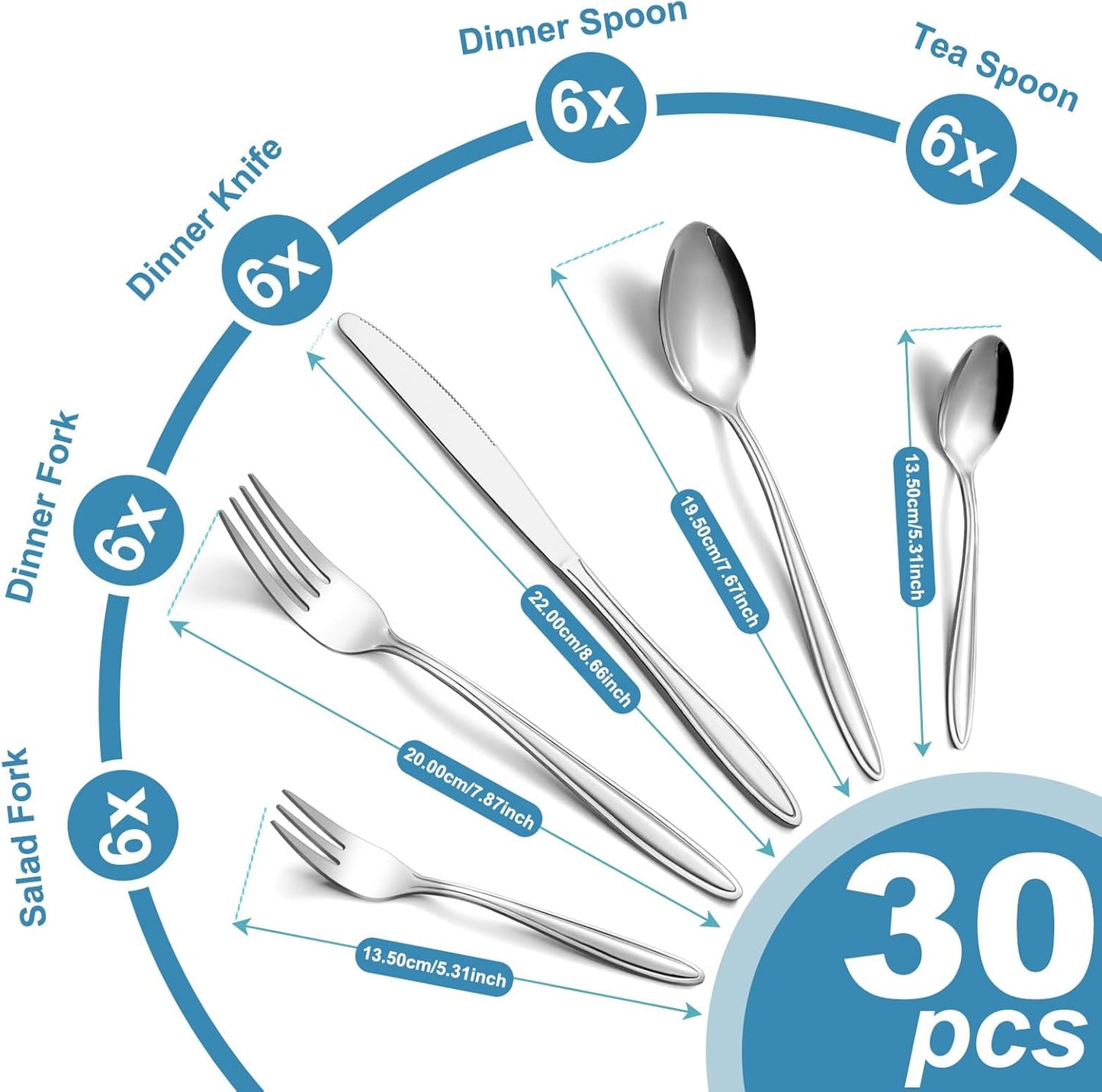 30-teiliges Besteckset für 6 Personen, Schmaler Griff 30
