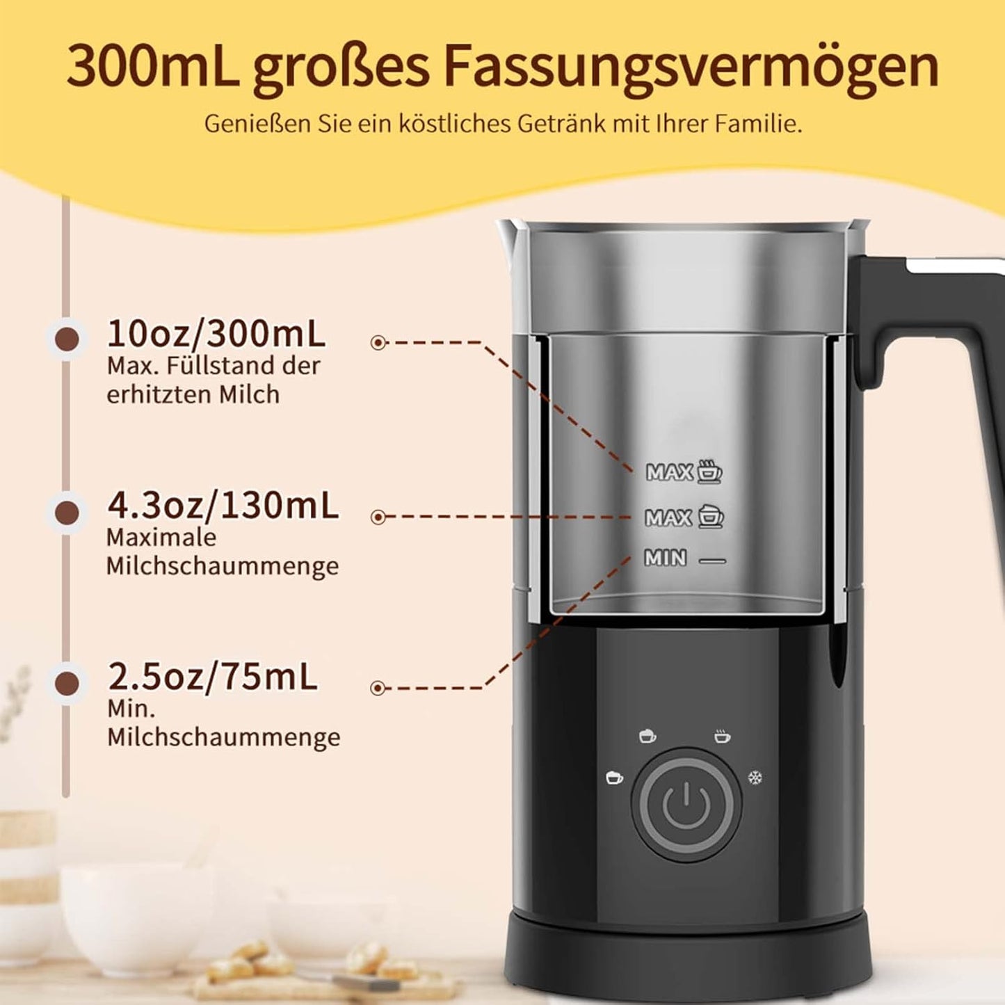 Elektrischer 4-in-1 Milchaufschäumer 300ml, 300ml-Schwarz ['Silber', 'Schwarz']