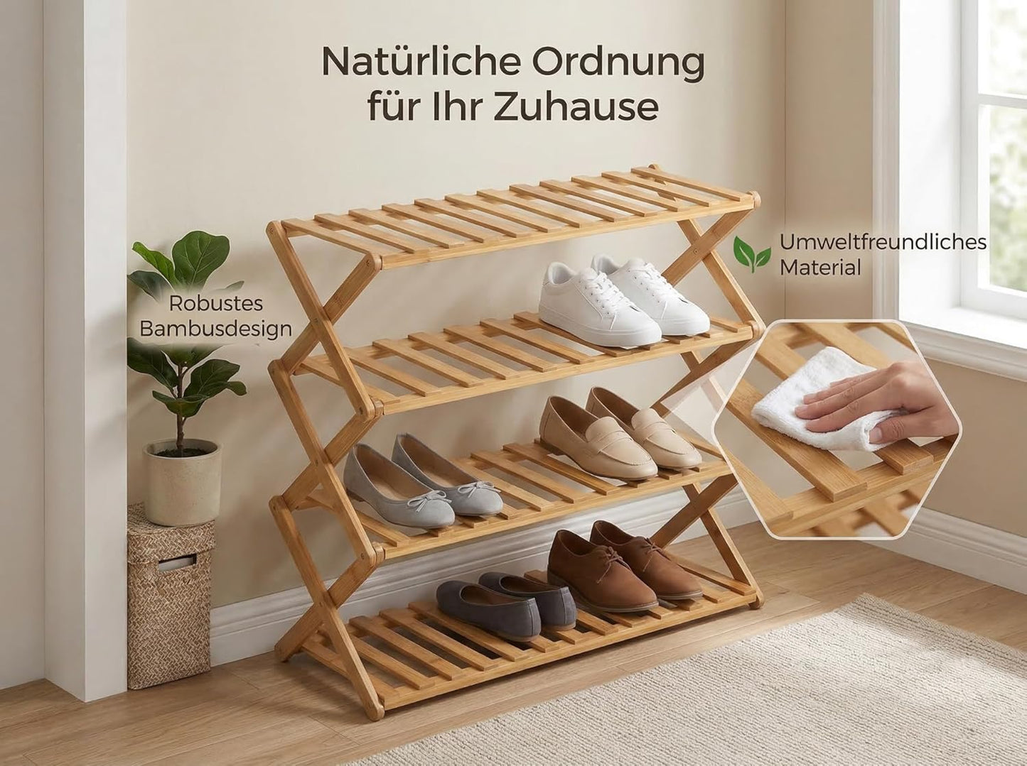 Bambus Schuhregal, klappbar (4-stöckig), 4-stufig