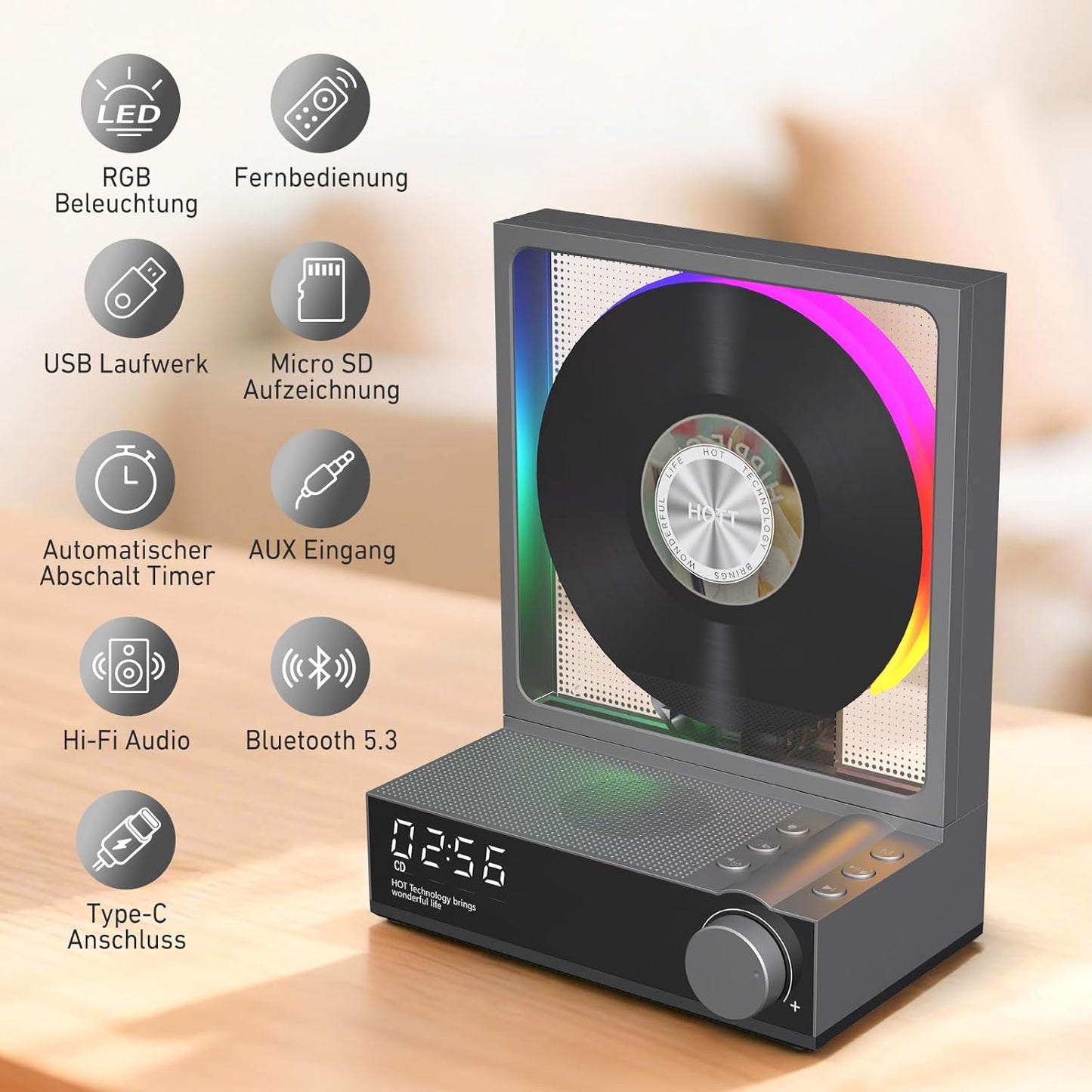 Tragbarer Bluetooth CD-Player mit Fernbedienung, Mit FB Grau