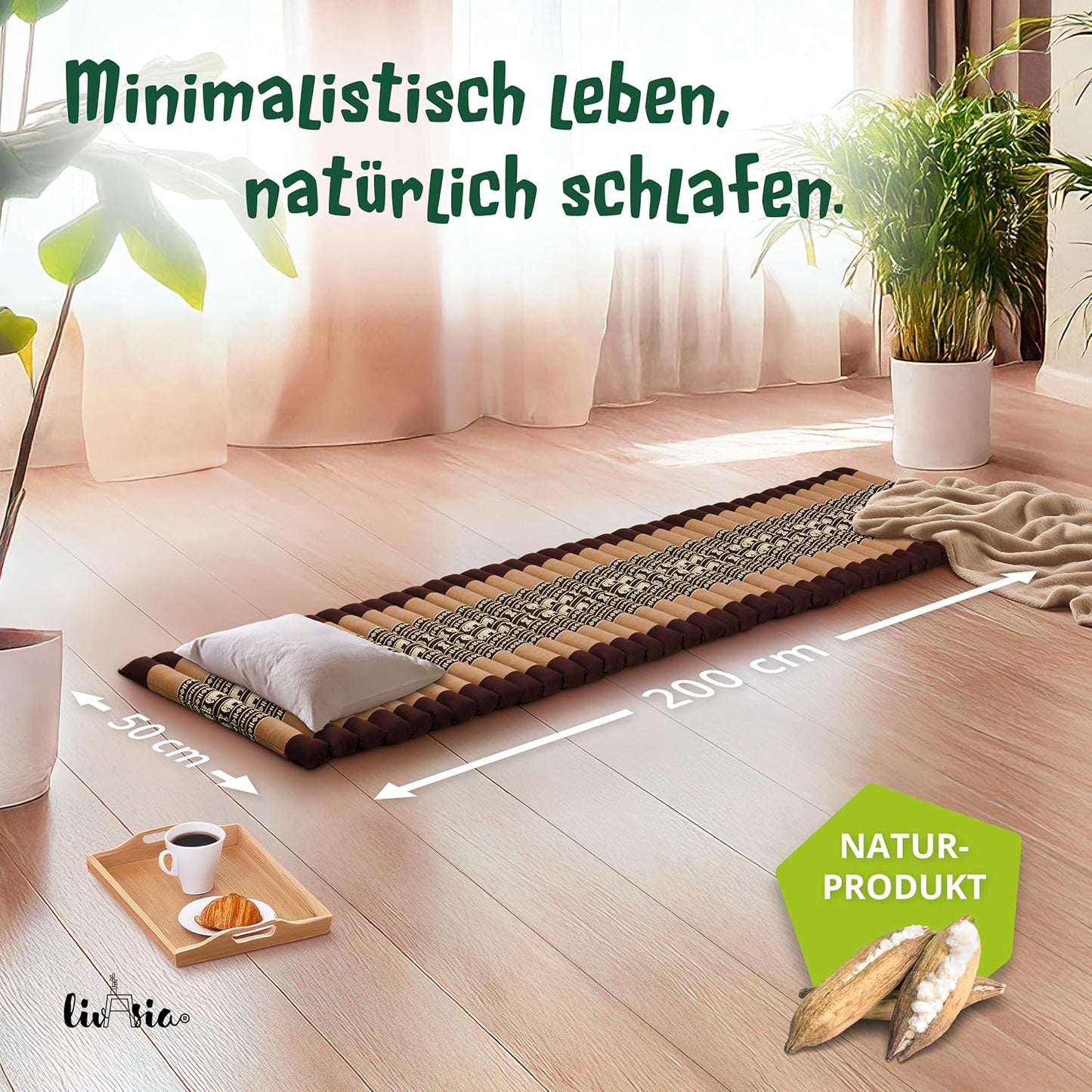 Rollmatratze für Gäste und Outdoor (200x50x4,5cm), S (200 x 50 cm) Braun/Elefanten