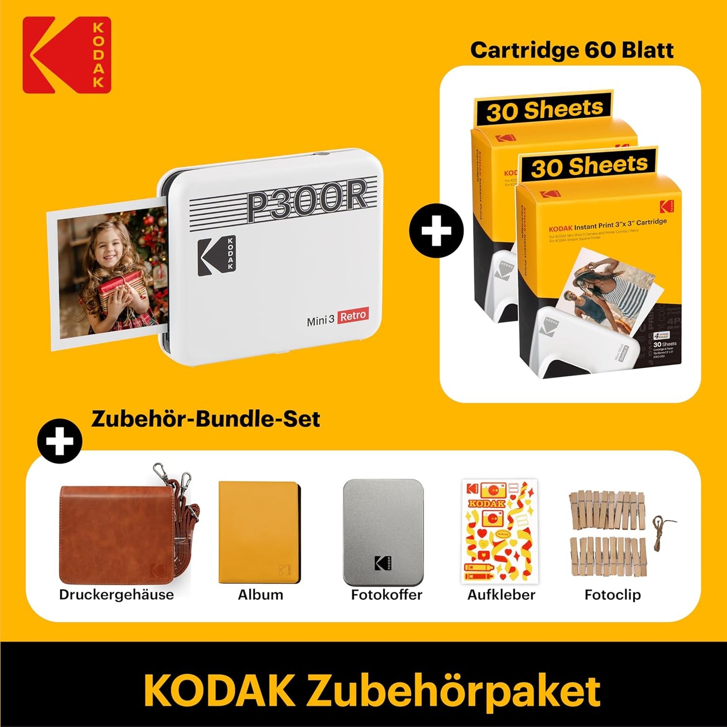 Mini 3 Retro Fotodrucker mit 68 Fotopapieren, Imprimante + 68 feuilles et accessoires weiß