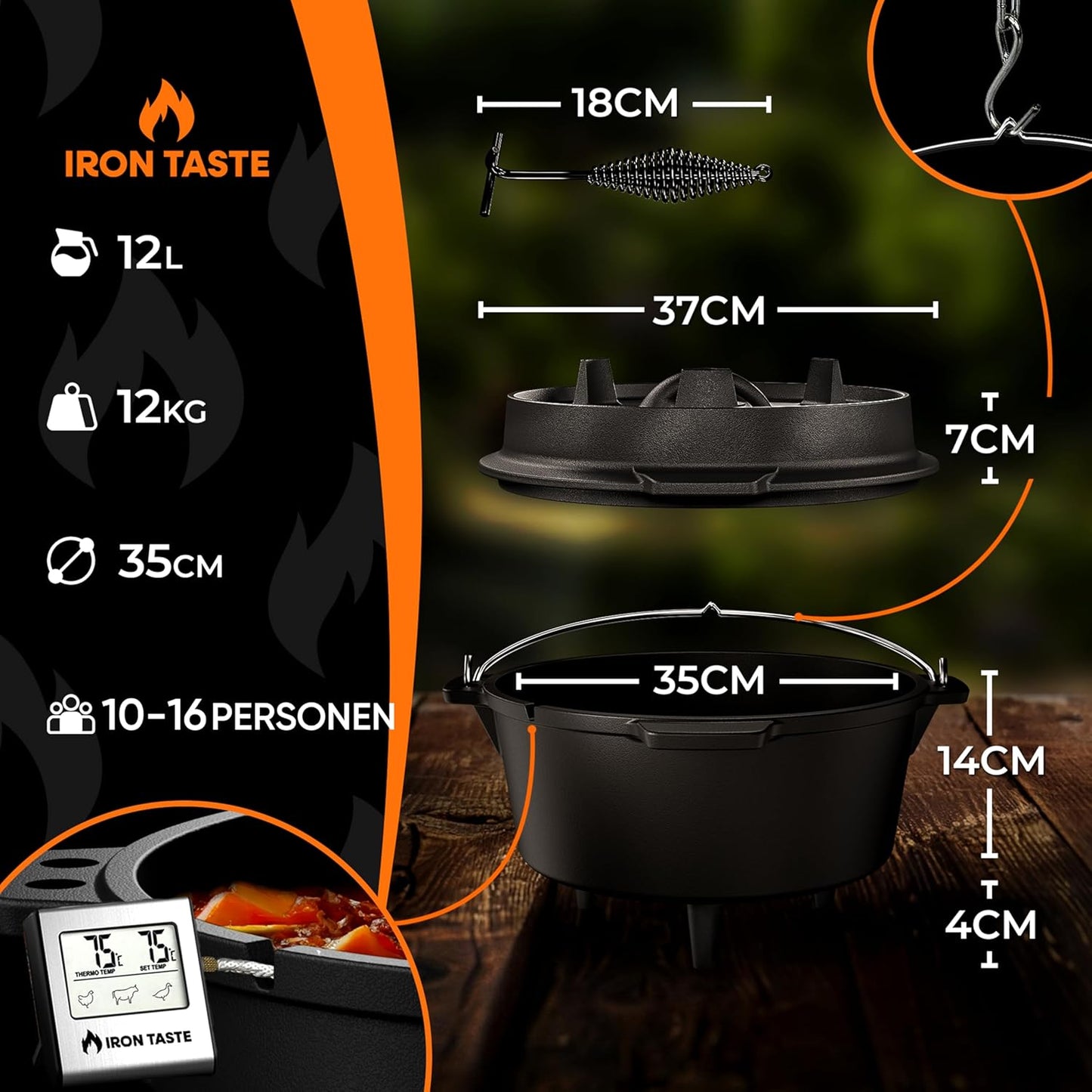 Dutch Oven Set ‎IT-007, mit Deckelheber und Füssen, mit Füßen 12 Liter