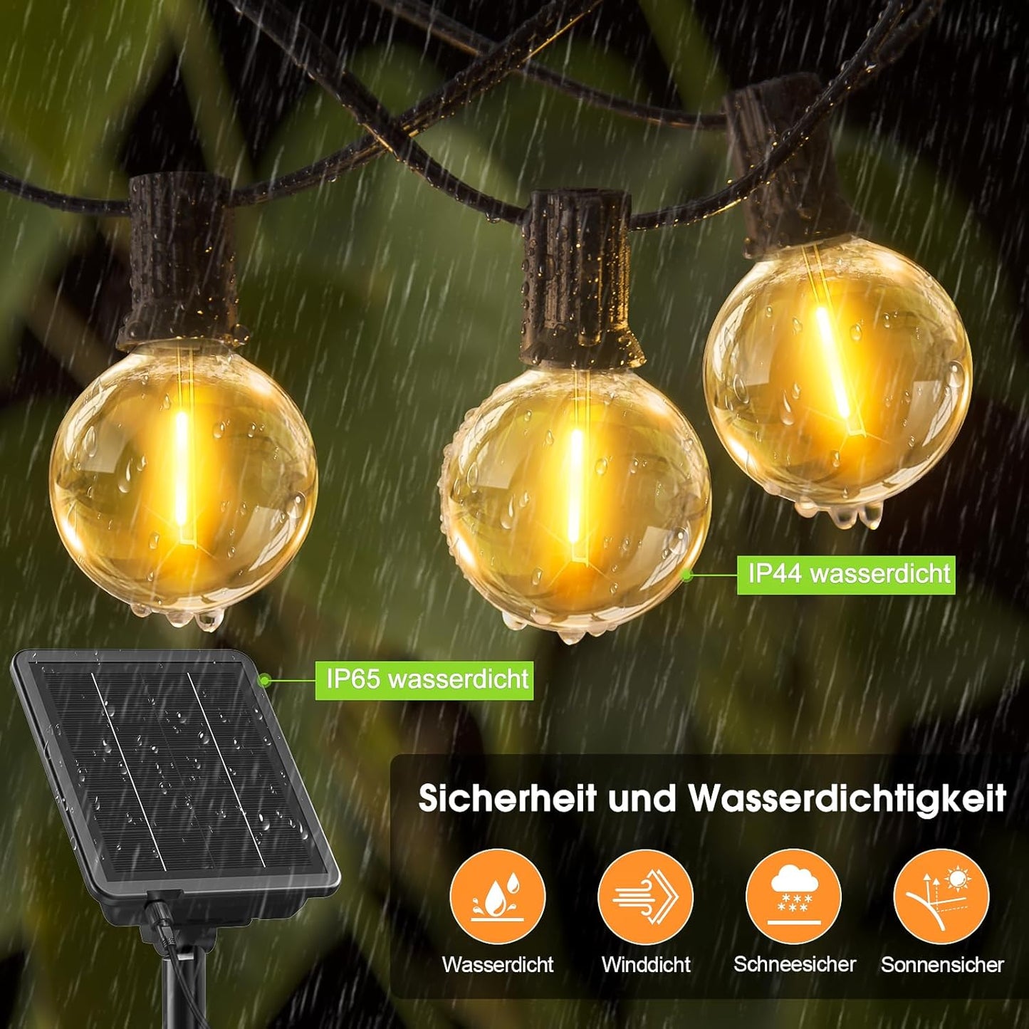 Solar LED Lichterkette mit 55+2 G40 Glühbirnen, 45 m Solar