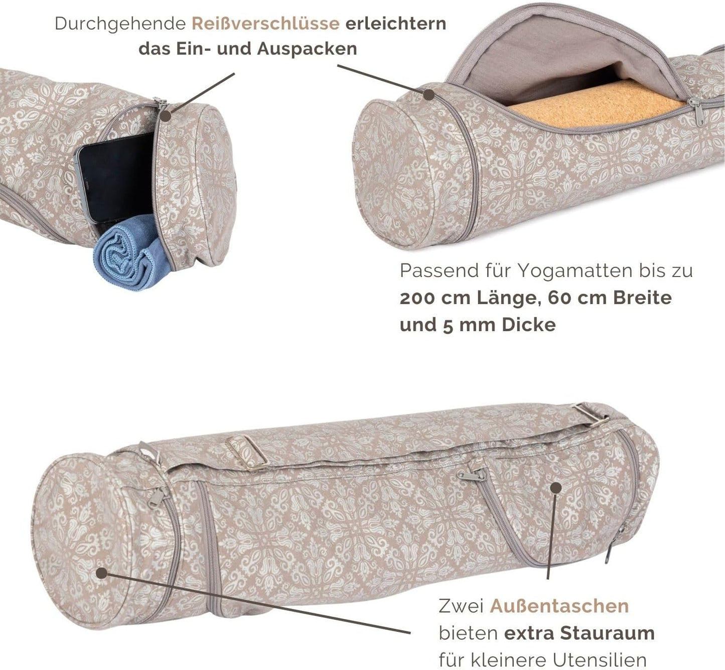 Yogatasche Asana Bag für Matte & Zubehör, Raja/Taupe, Silber 70 cm
