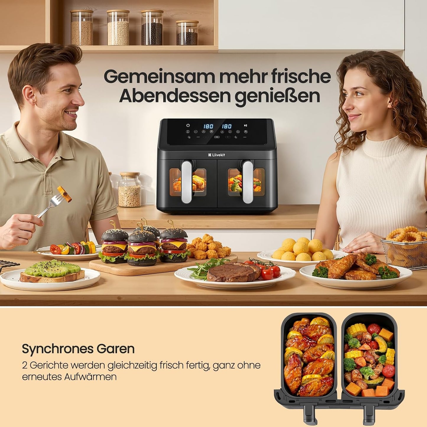 Doppelkammer Heissluftfritteuse, Schwarz 9L