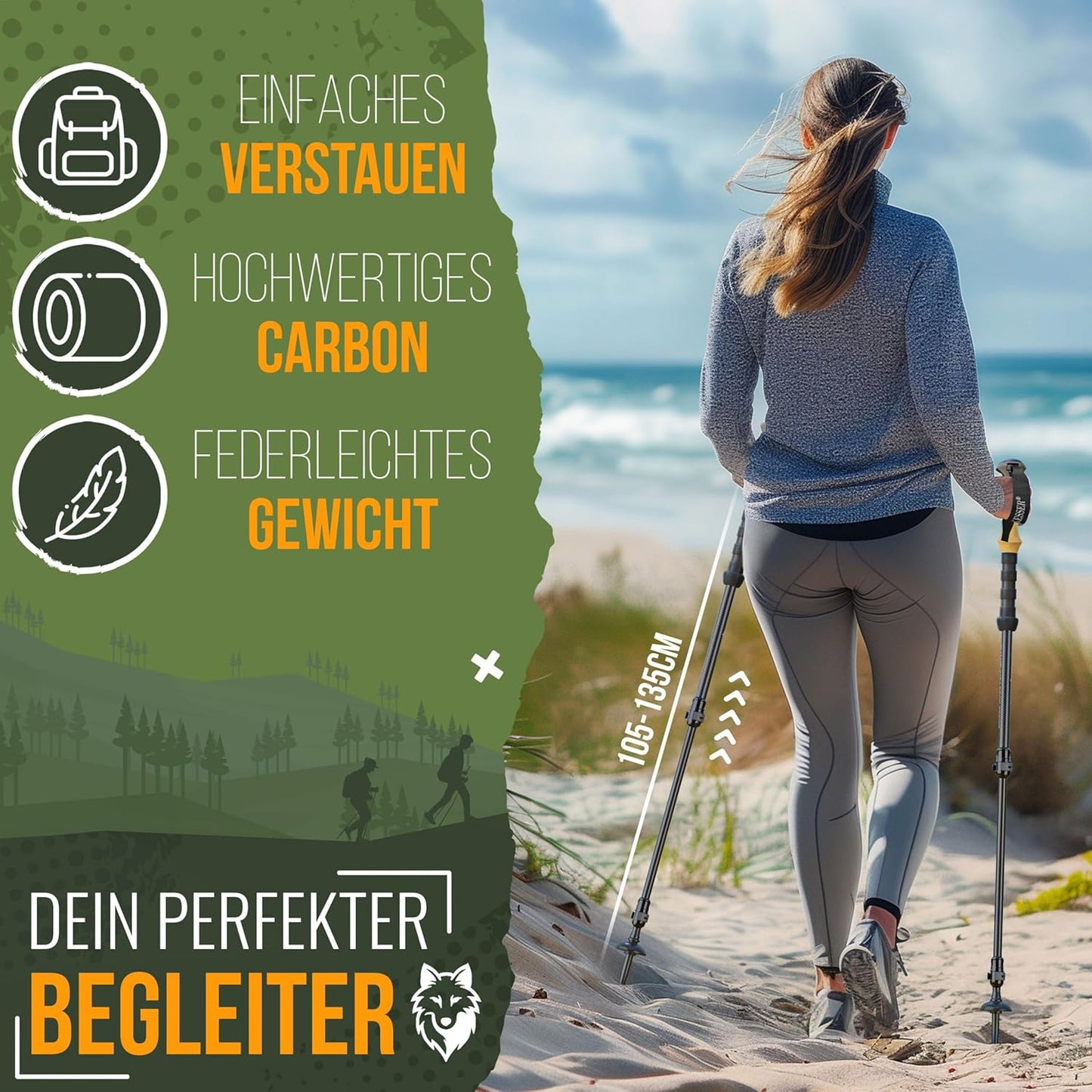 Faltbare Wanderstöcke aus Carbon, Teleskop - 105-135cm Carbon
