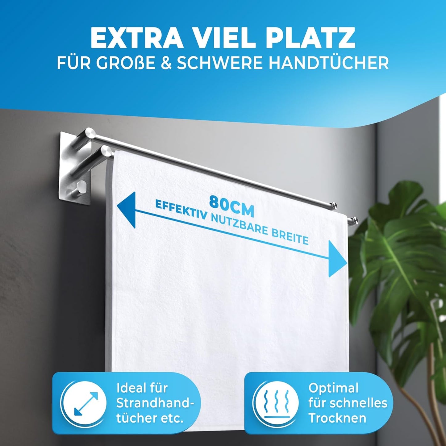 Handtuchhalter doppelt selbstklebend ohne Bohren 80cm, 80cm Silber