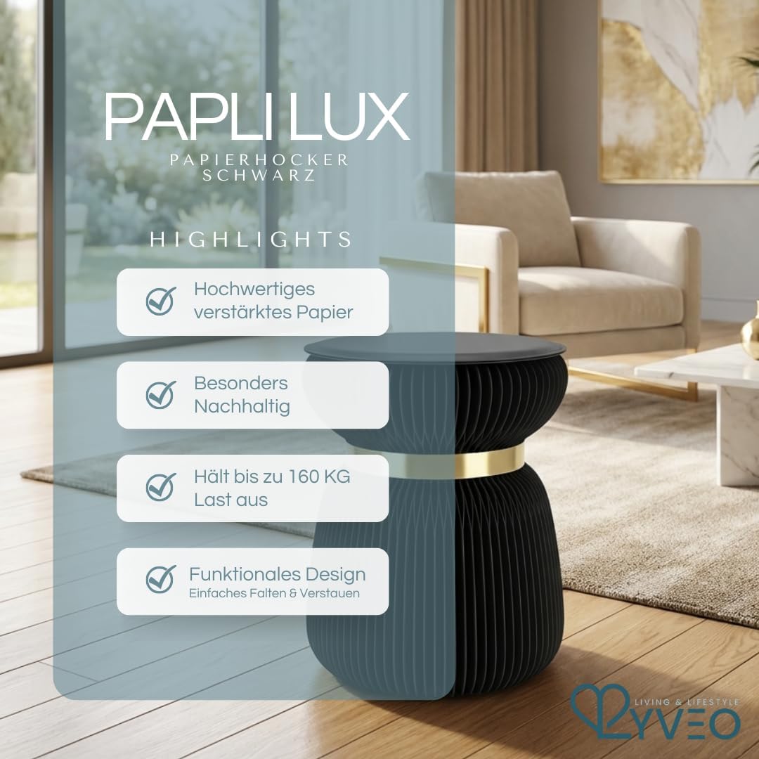 Papierhocker Papli Lux mit 180 Lamellen, Schwarz mit Goldenem Band