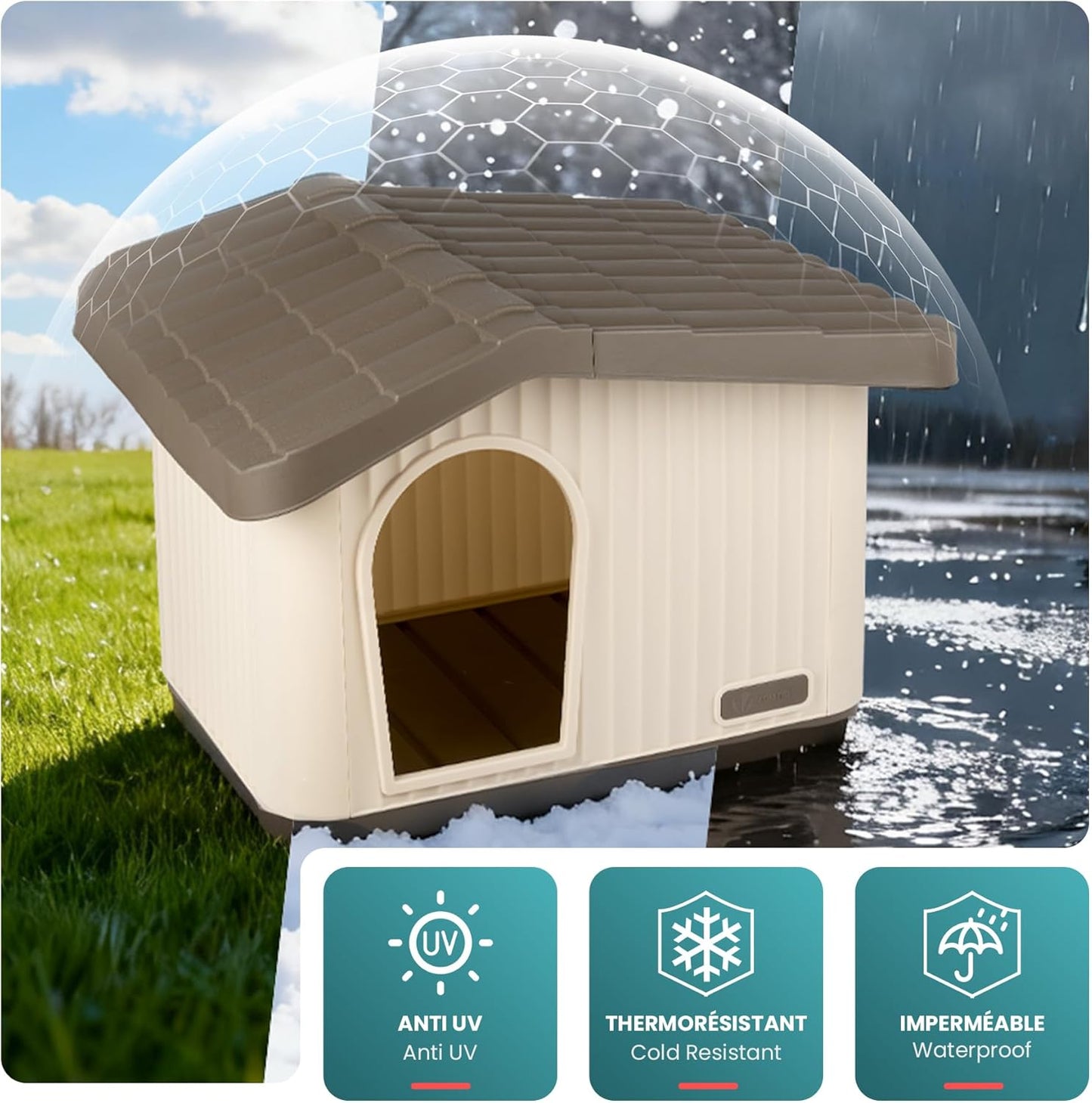 Katzen- und Hundehütte Indoor/Outdoor, winterfest, 60x51x41cm Beige