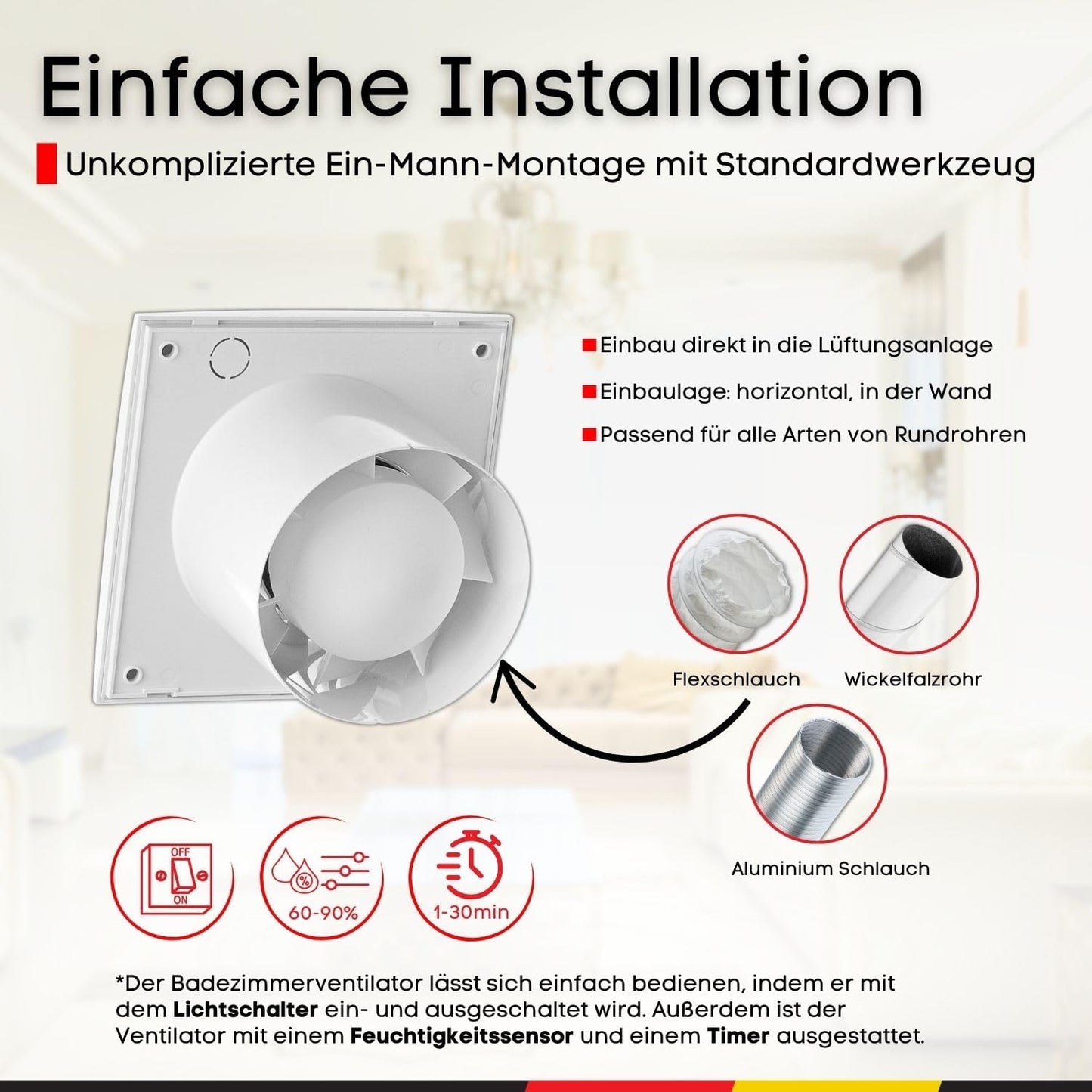 Badlüfter 100mm mit Feuchtigkeitssensor & Timer, Ø 100mm Weiss