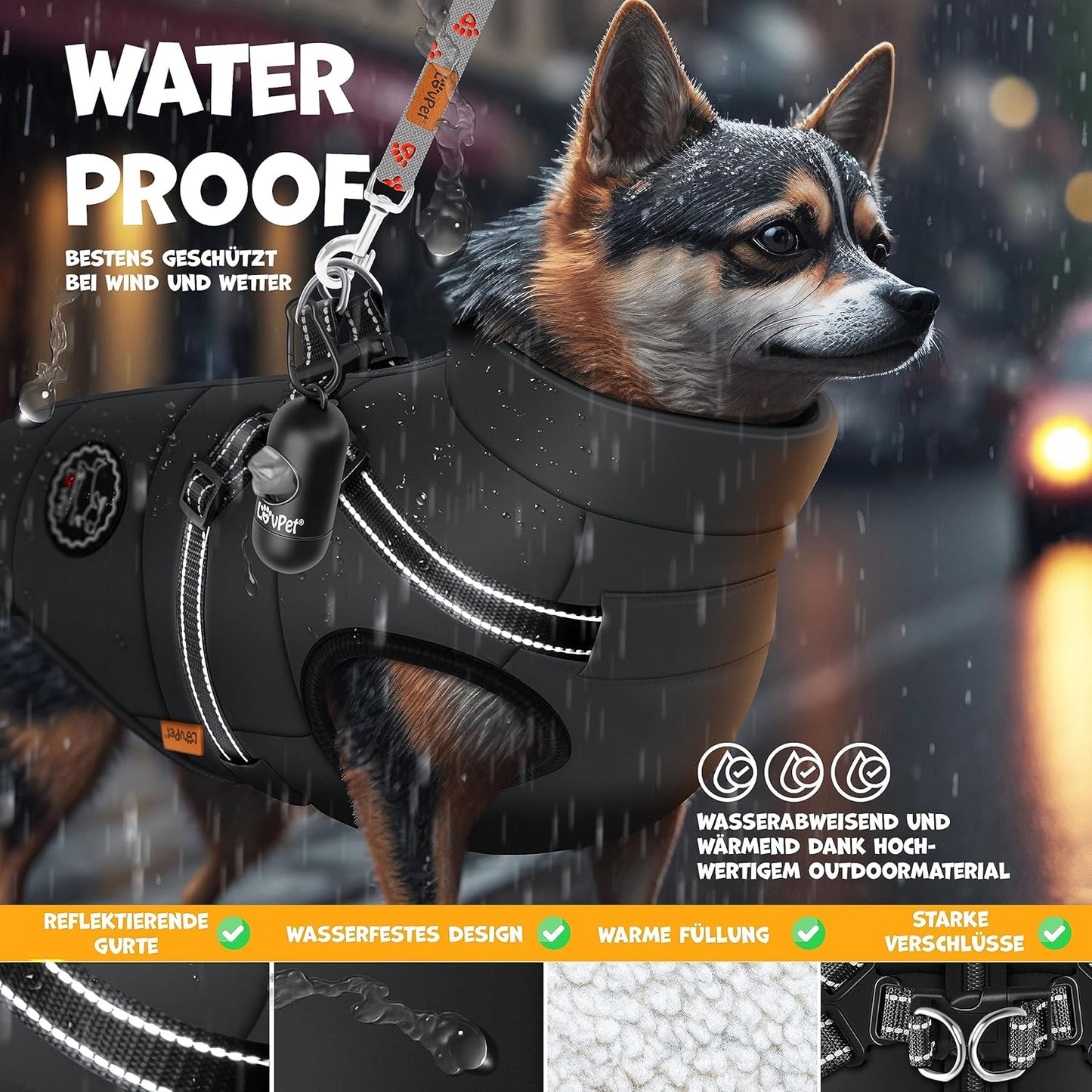 Hundewintermantel mit Geschirr & Kotbeutel-Set, 4XL Schwarz