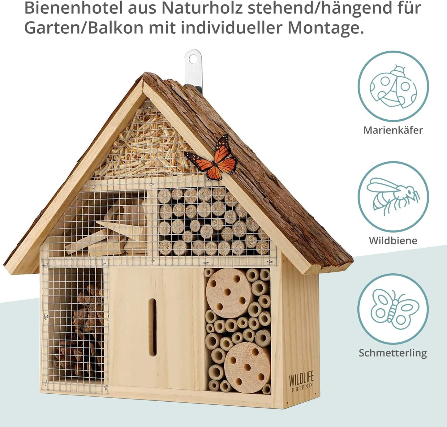 Insektenhotel mit Bambusröhren und Nistkammern, Rindendach
