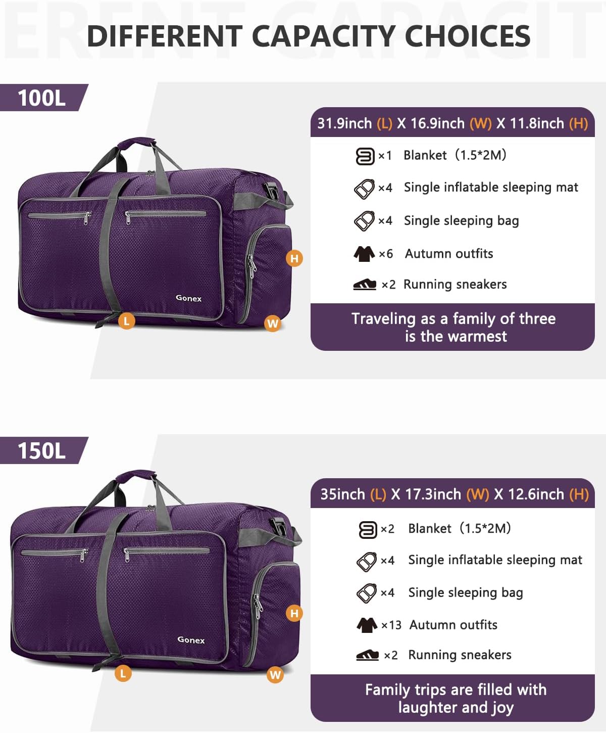 Faltbare Reisetasche, Lila 100L
