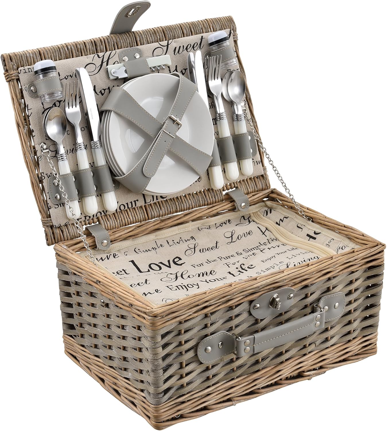 Picknickkorb-Set für 4 Personen mit Kühltasche, Grau 40 x 28 x 19 cm