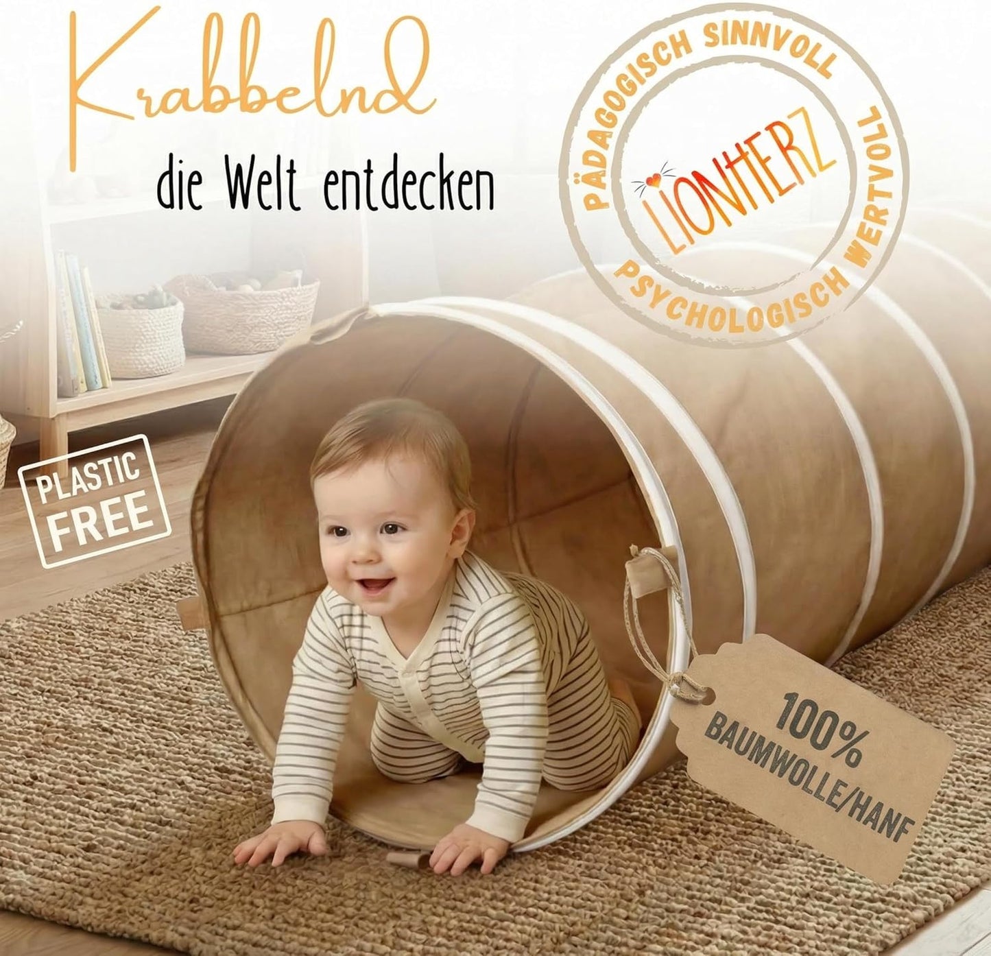 Faltbarer Krabbeltunnel, 180cm, Karamellbraun