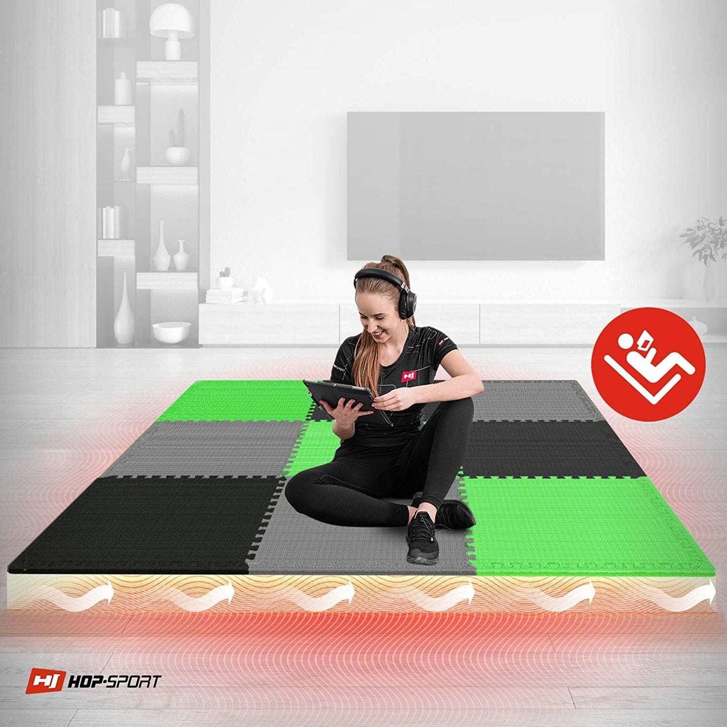 9er-Set rutschfeste Puzzlematte für Fitnessgeräte-Bodenschutz, Schwarz/Grau/Grü