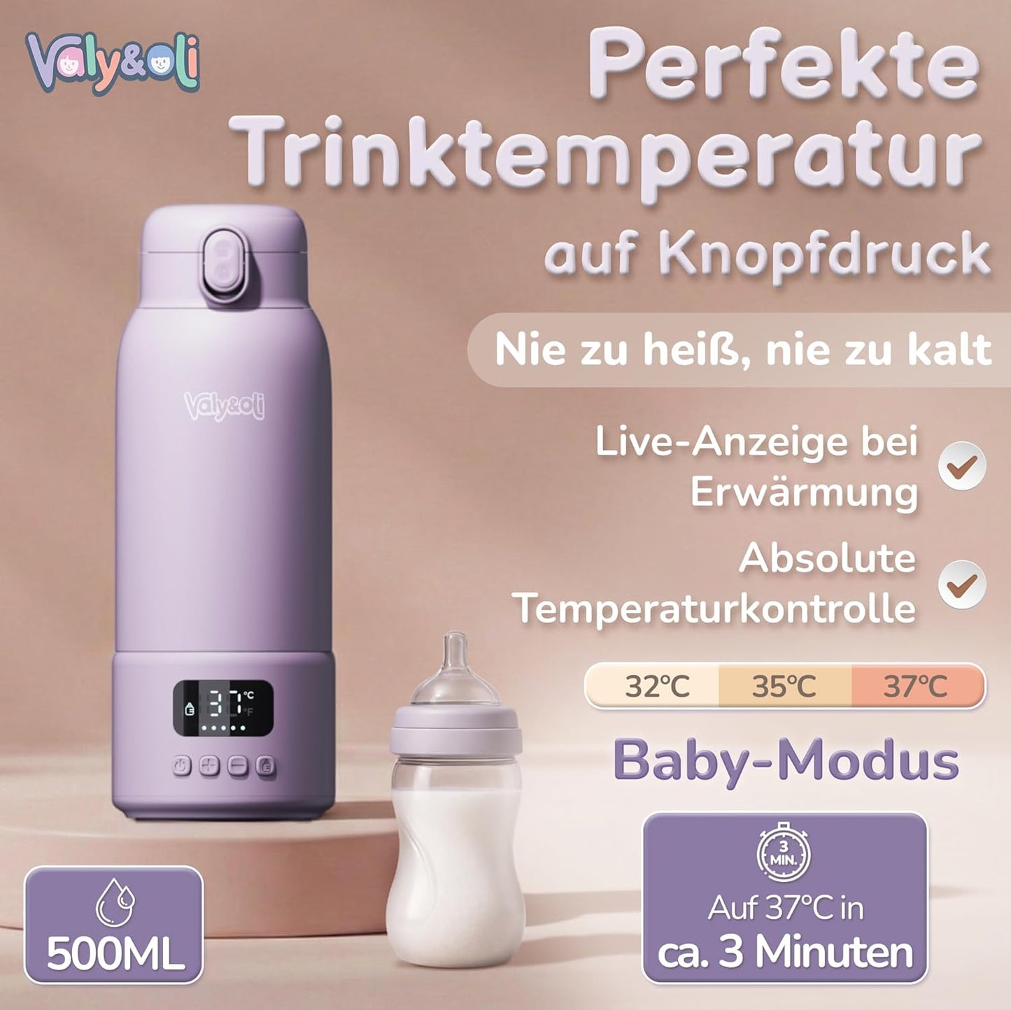 Tragbarer Babyflaschenwärmer mit Akku 16.000mAh, Lavendel-Lila
