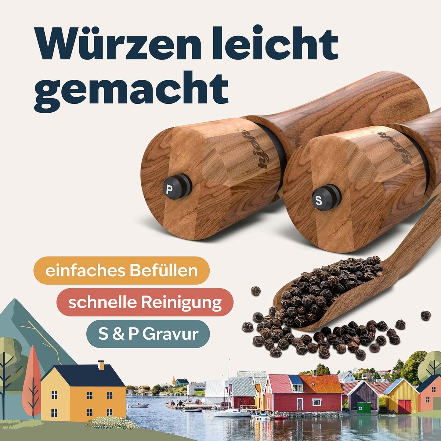 Salz- und Pfeffermühle mit Reinigungsbürste und Einfülllöffel, Kjøk Salz- & Pfeffmühle Akazienholz