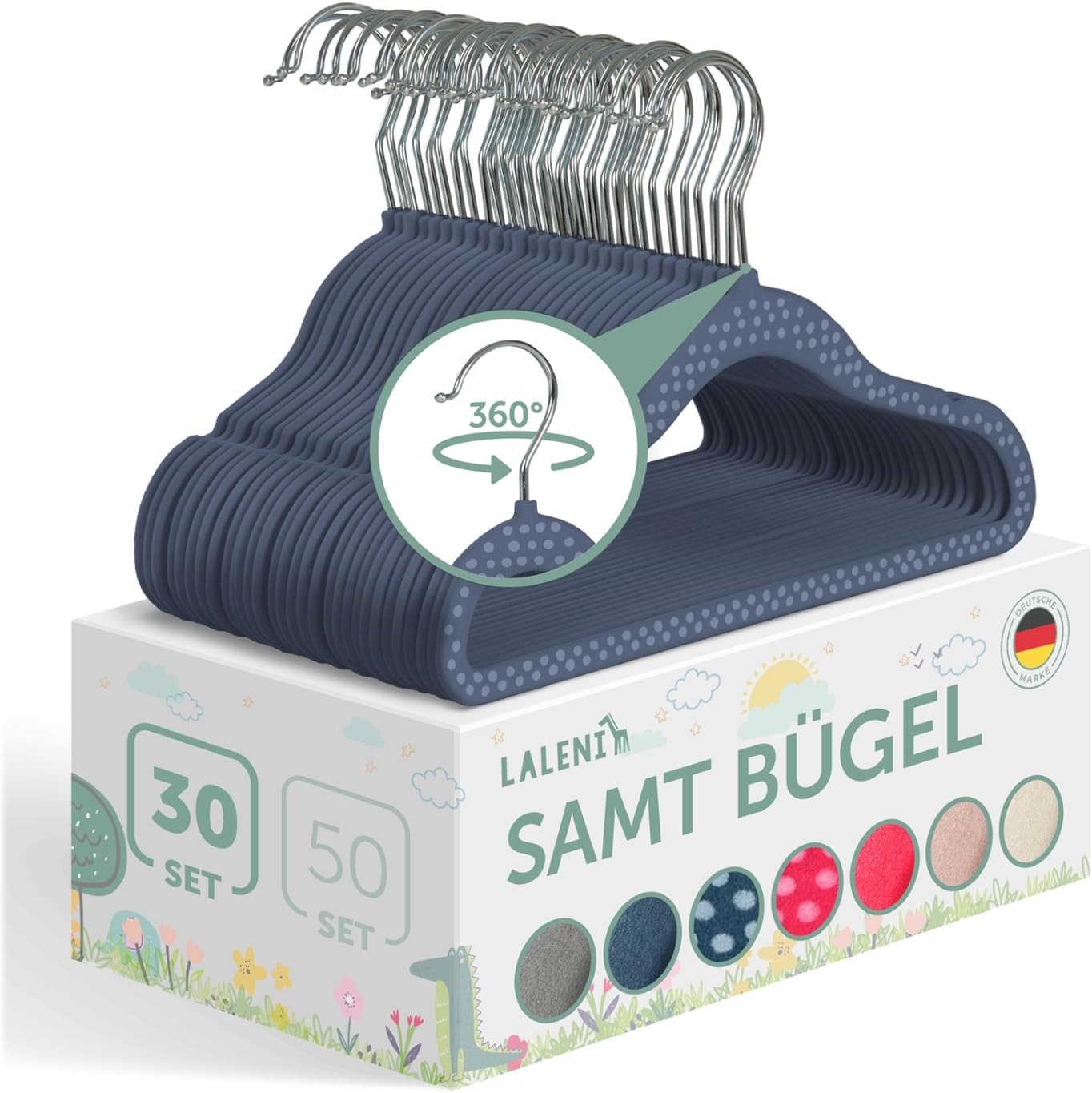 30-teiliges Kinderkleiderbügel Set, 30 Stück Dunkelblau Gepunktet
