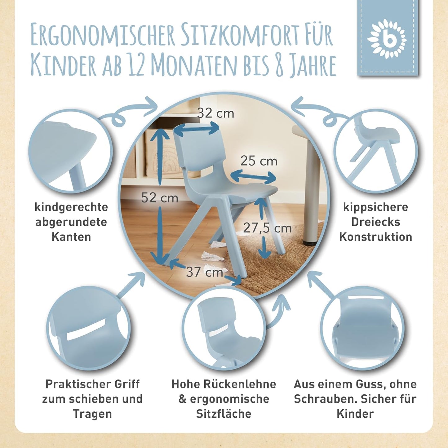 Kindertisch mit stapelbaren Stühlen für Kinder, Grau & Hellblau