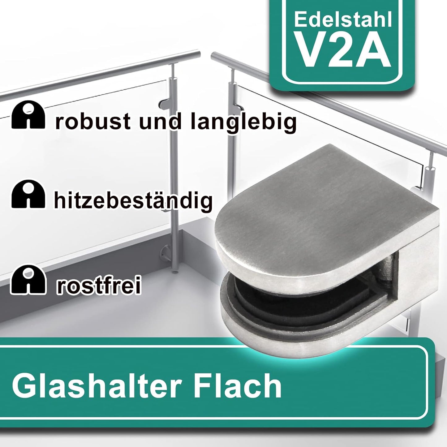 4-teiliges Glashalter-Set für Geländer, FLACH | 8,76mm Glas
