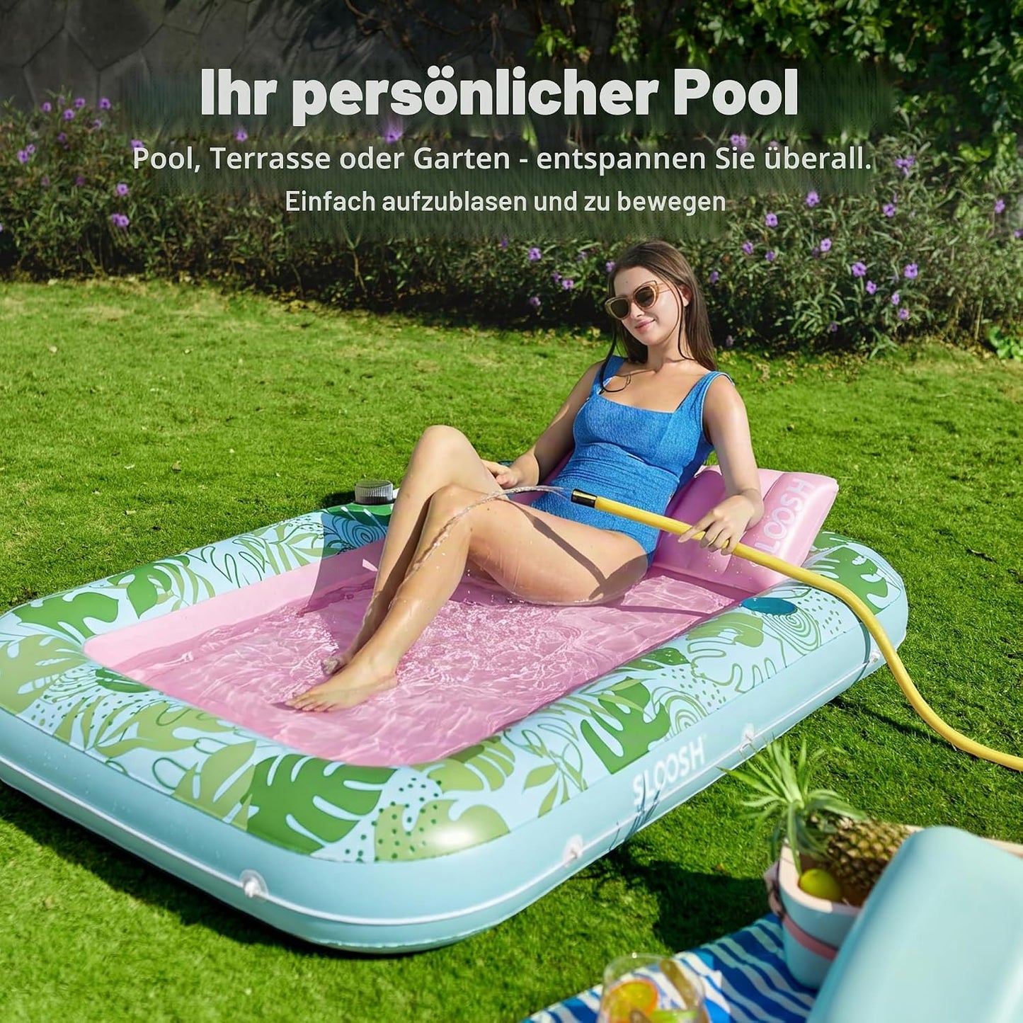 Aufblasbarer 4-in-1 Sonnenliegepool mit Kissen und Getränkehalter, Cyan-rosa L