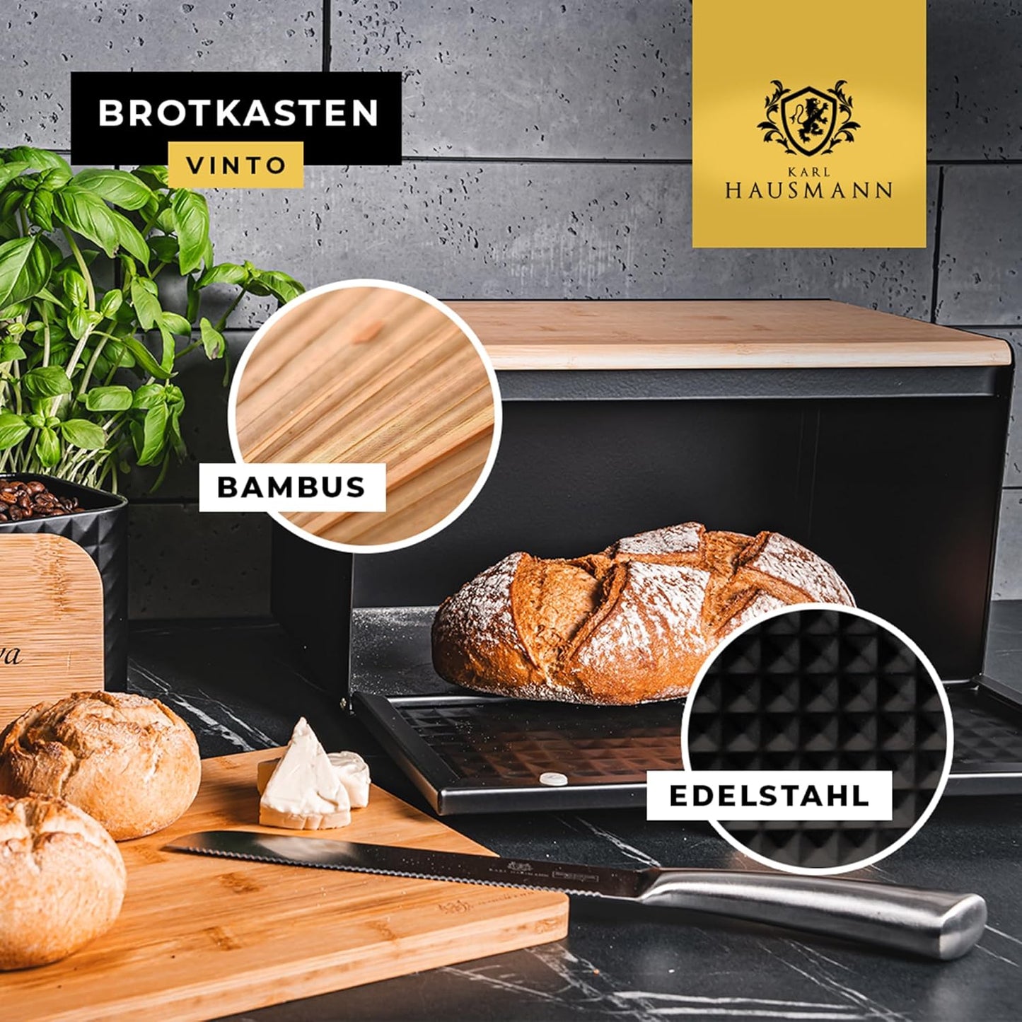 Brotkasten mit Bambusdeckel und Magnetverschluss, Grau