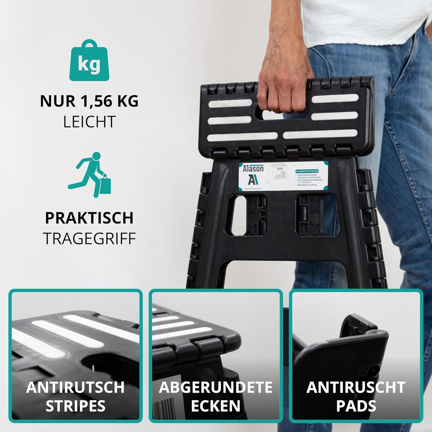 Klappbarer Tritthocker, Anthrazit/Schwarz, 39cm Hoch