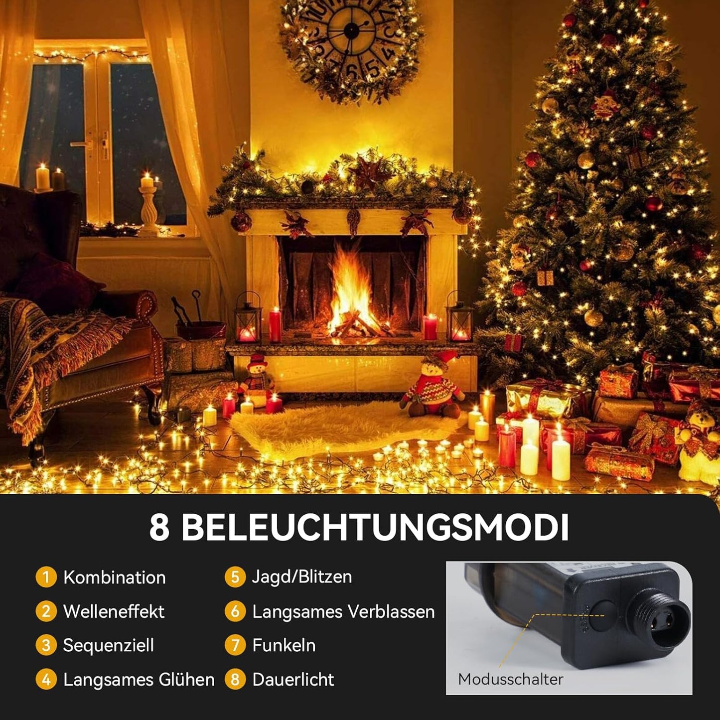 Lichterkette LED mit Timer, 8 Modi, Warmweiss 30M/300LED