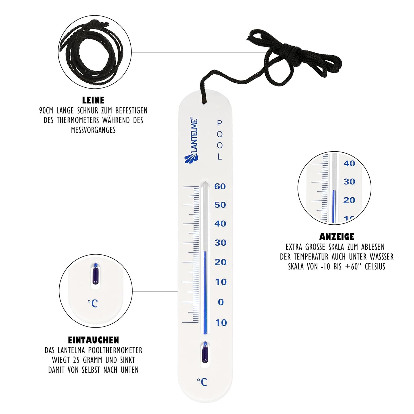 Sinkendes Poolthermometer mit Schnur, Weiss
