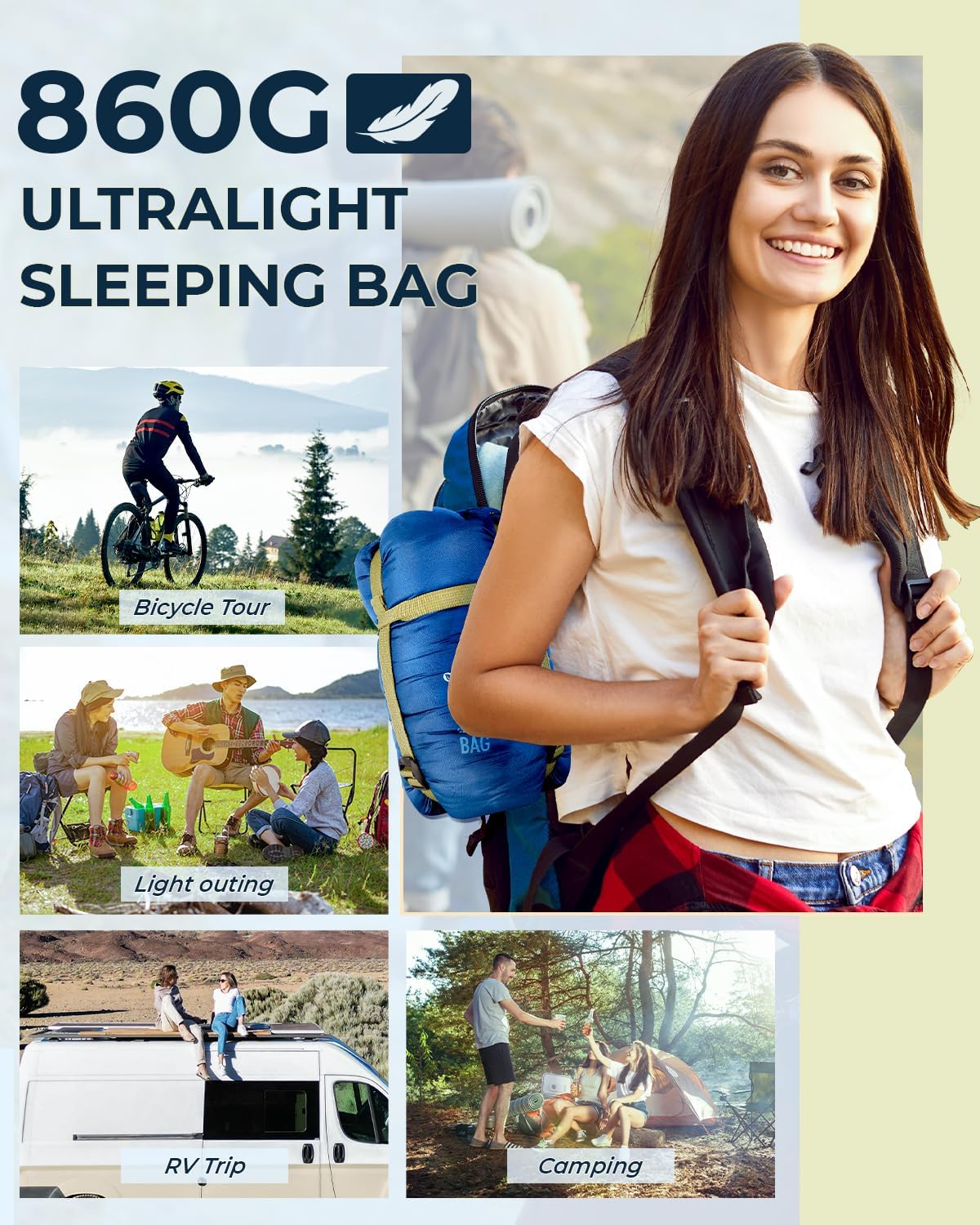 Ultraleichter Sommerschlafsack für Camping und Reisen, Blau