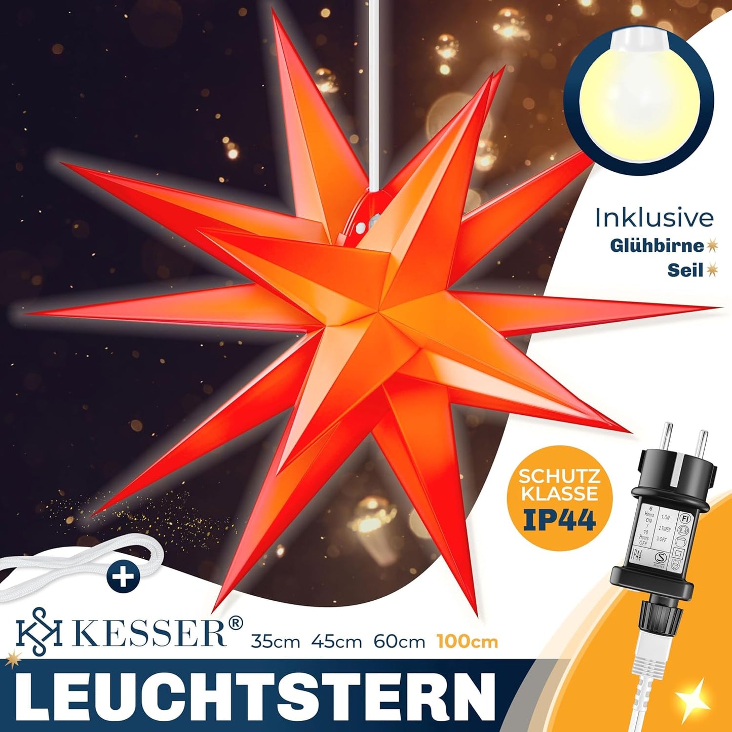 3D-Leuchtstern, Rot - mit Timer 100cm