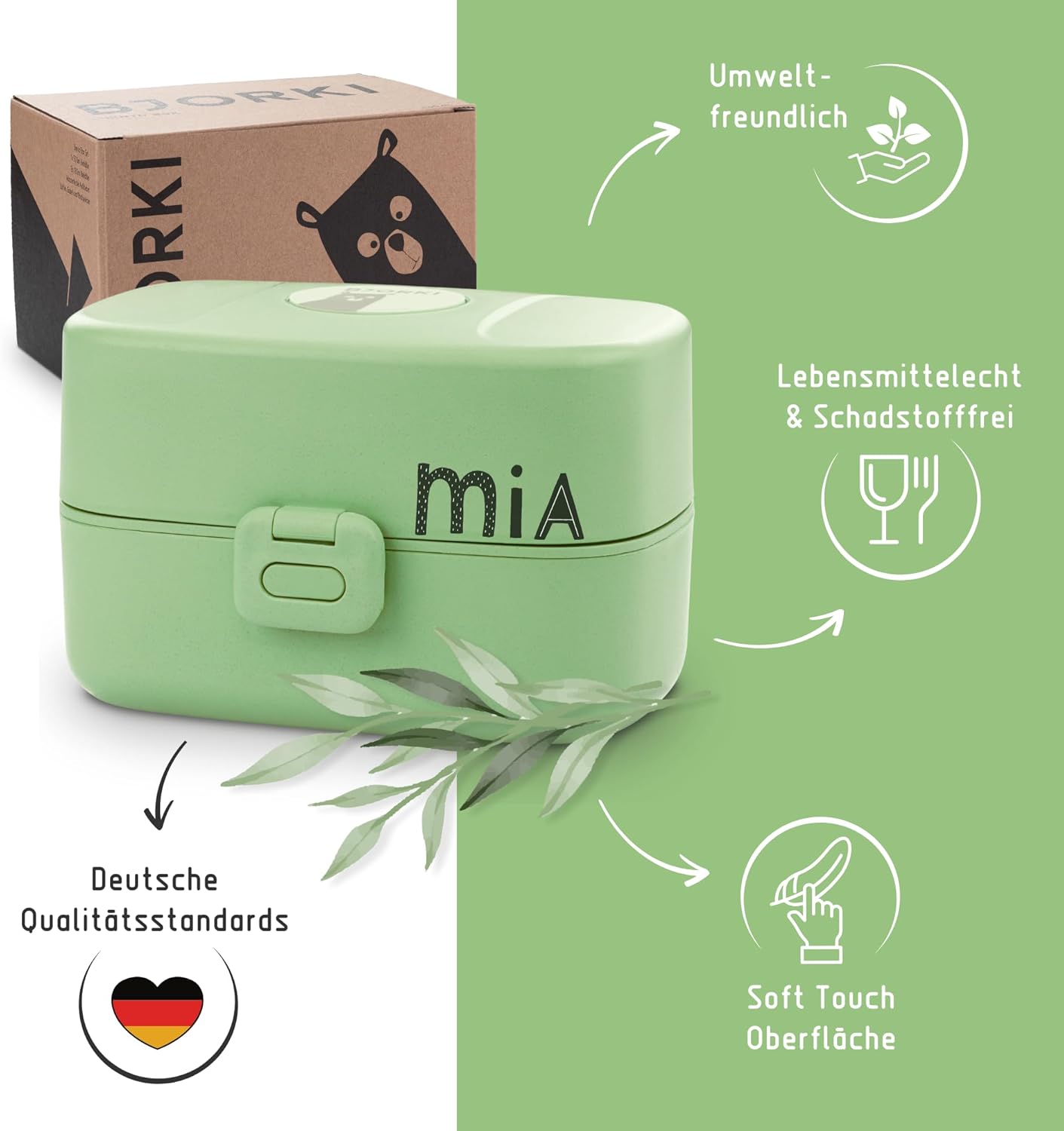 Bento Box für Kinder mit Namenssticker, Pastell Grün