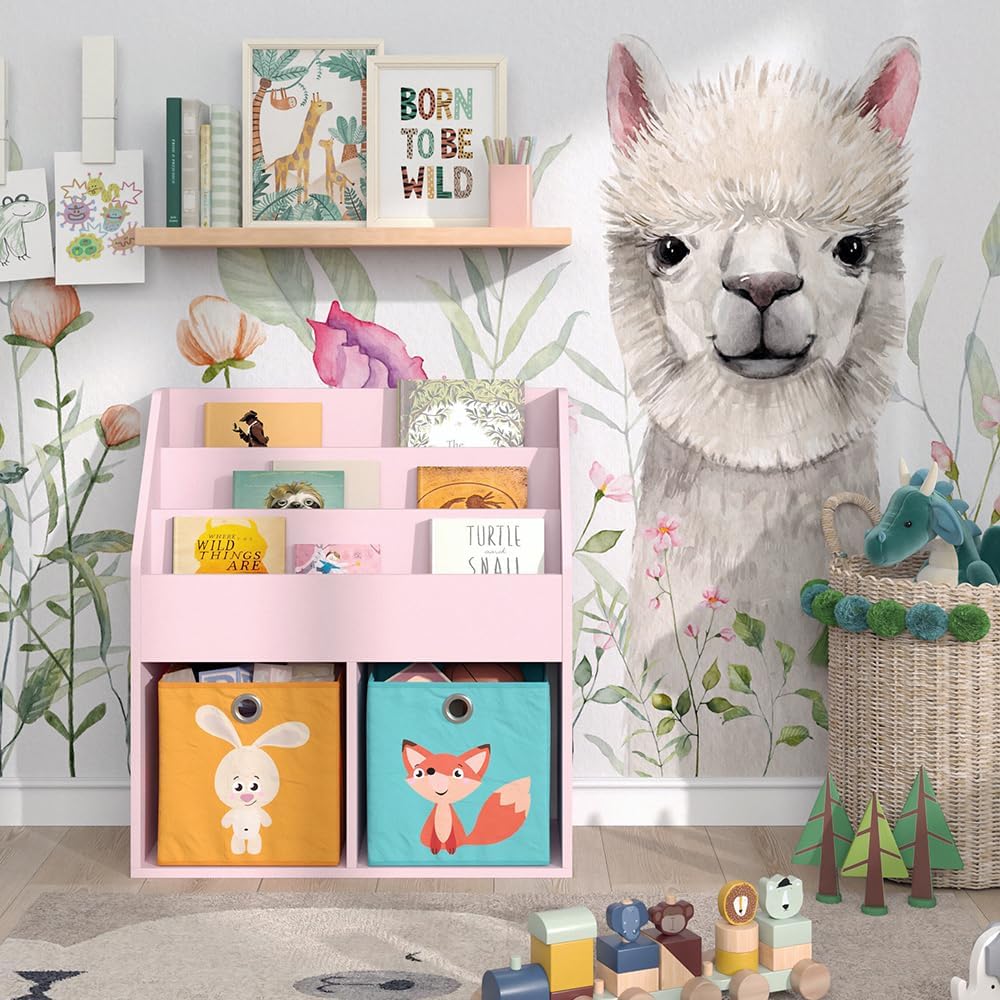 Kinderregal Luigi, Rosa 72x79 cm mit Faltboxen Fuchs/Hase