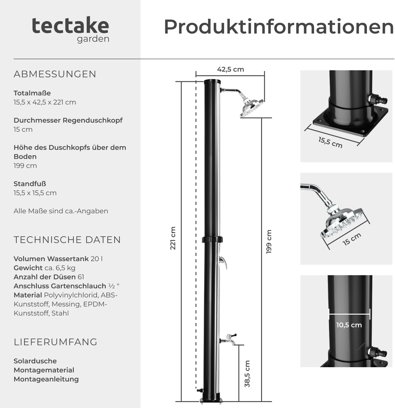 Solardusche mit grossem Duschkopf und Wasserhahn, 20 L Schwarz-Silber