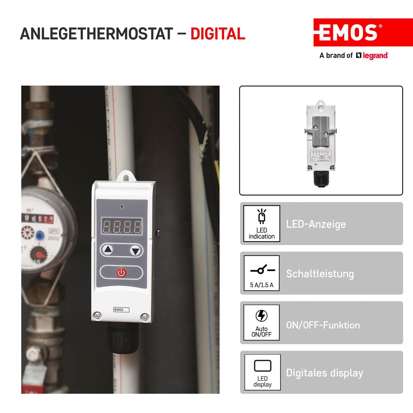 Digitales Anlegethermostat mit Einstellbereich 5-80 °C, Anlege