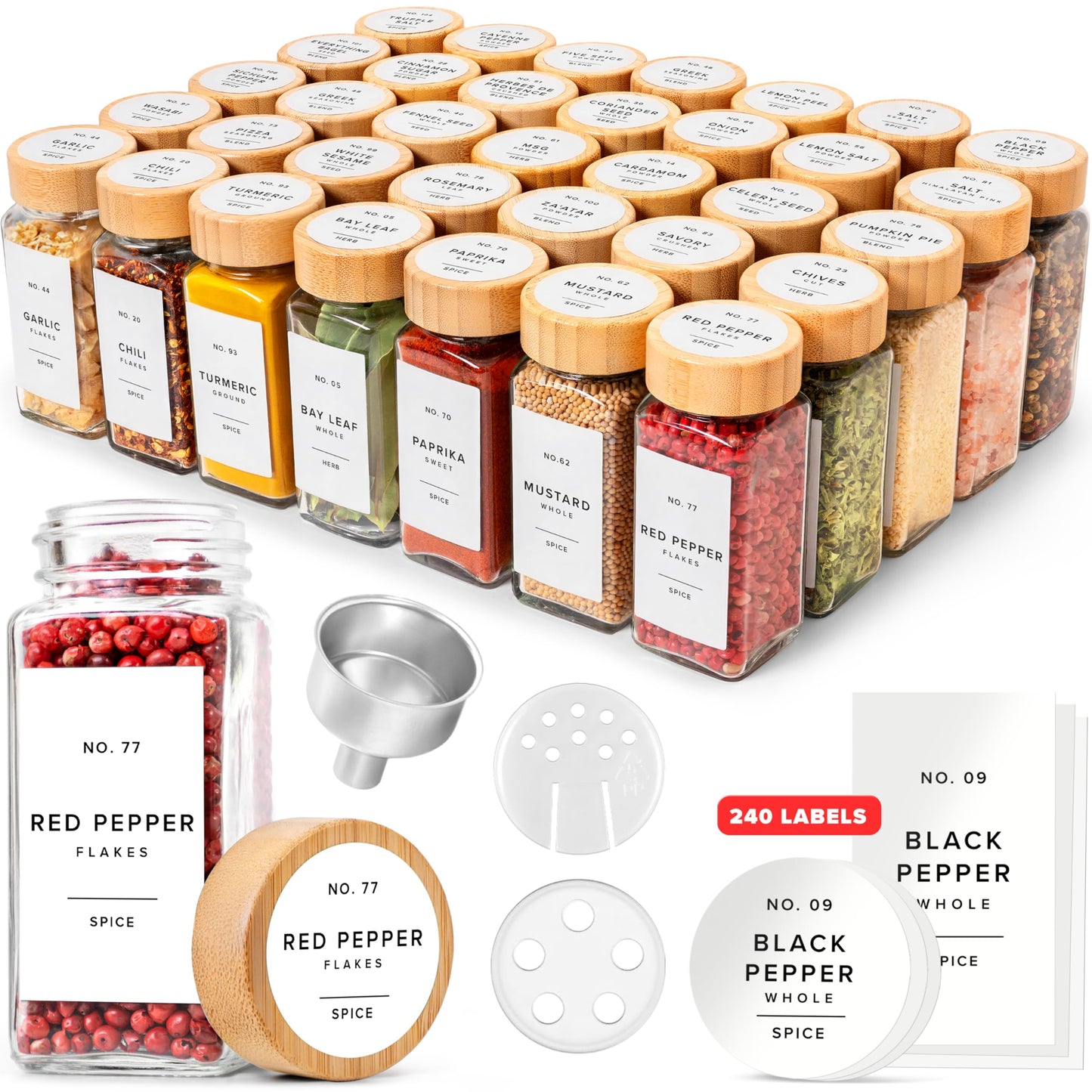 36er-Set Gewürzgläser mit Bambusdeckel und Zubehör, 36x Bamboo Jars White Stickers