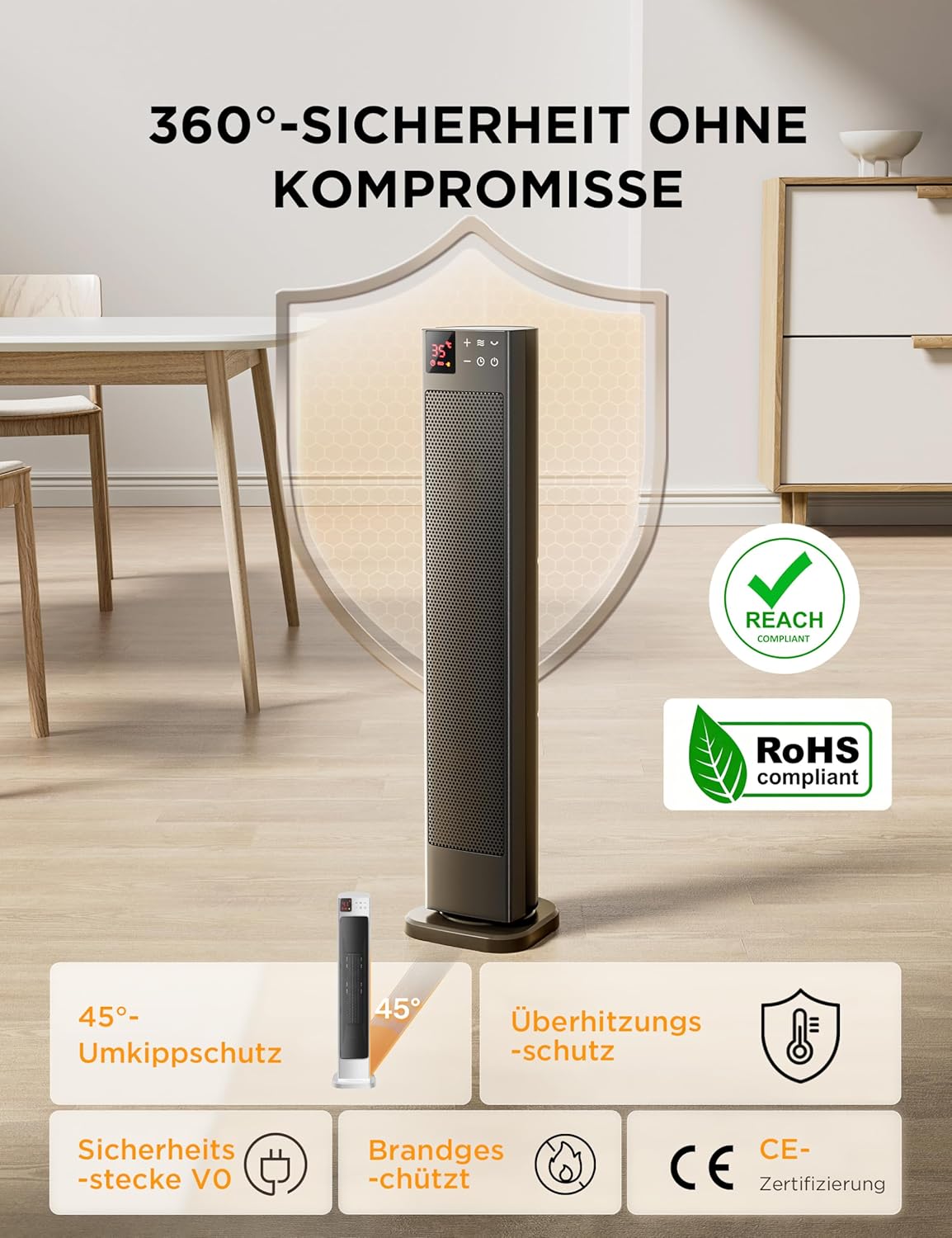 Turmheizlüfter mit Thermostat, Grau 76CM
