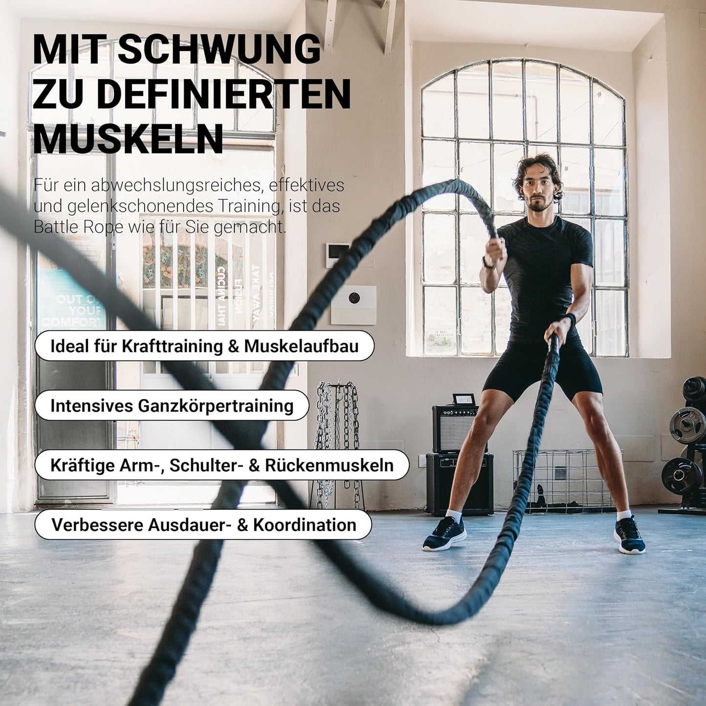 Battle Rope Trainingsseil, Schwarz / Rot - 15M - mit Stoffüberzug