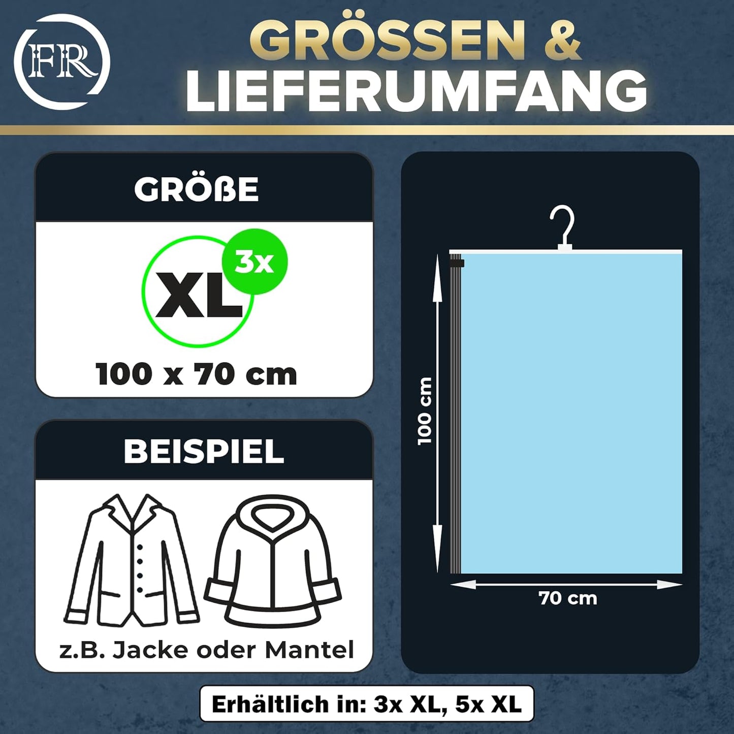 Hängende Vakuumbeutel für Kleidung, MIt Hänger - 3x XL (100x70cm) Mit Hänger