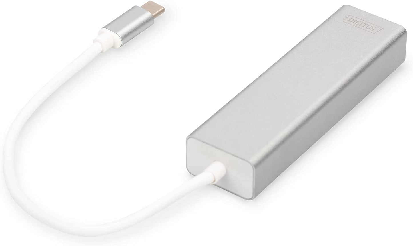 USB 3.2 Gen 1 Multiport-Hub, USB-C Stecker > 3x USB-A Buchse + RJ-45 Buchse, USB-Hub, USB 3.0 Typ-C HUB inkl. Gbit Ethernet Port