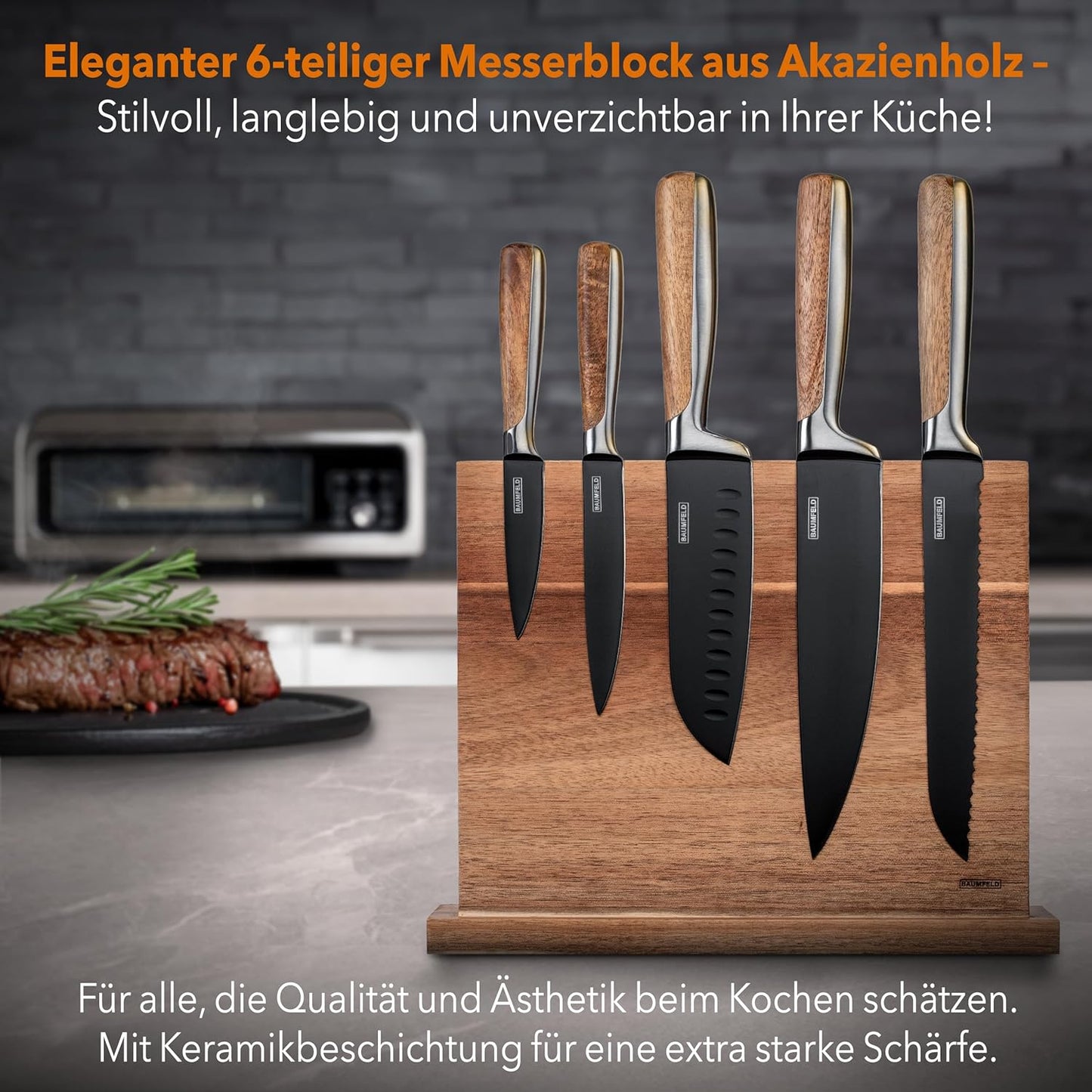 6-teiliges Magnet-Messerblock Set, Keramikbeschichteter Edelstahl