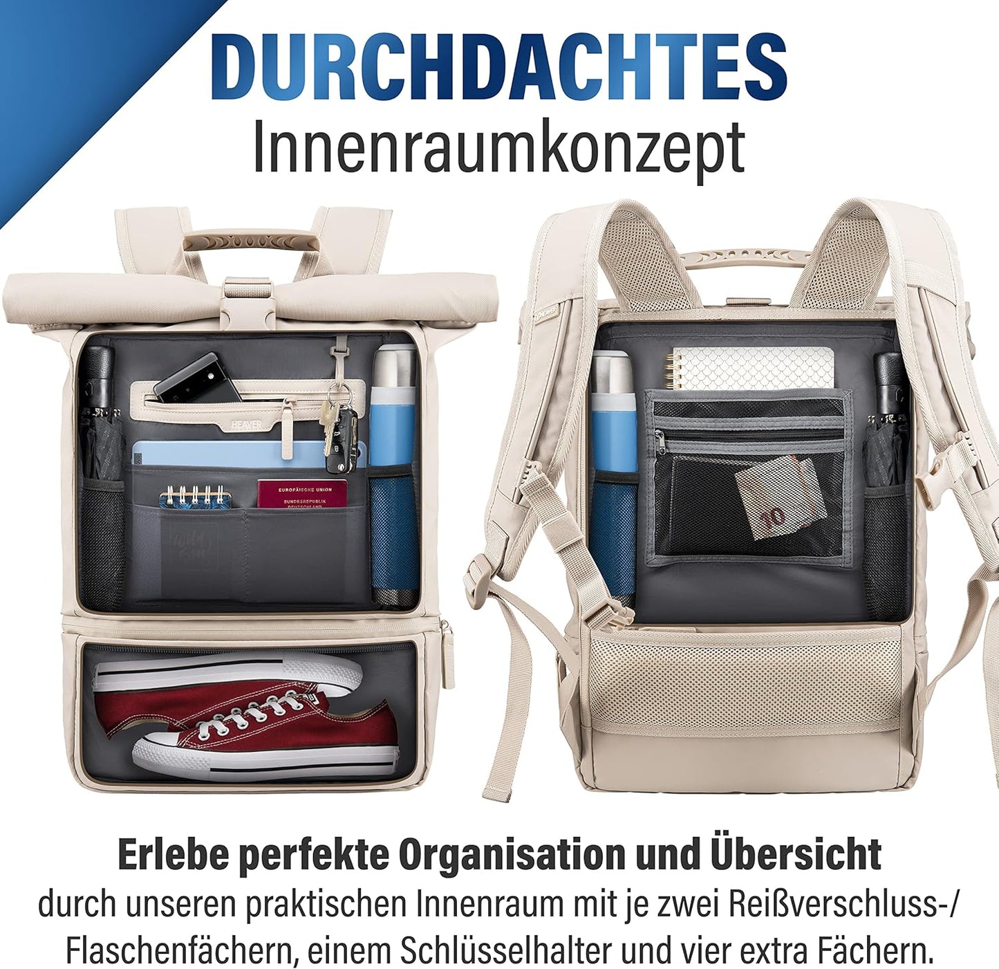 Rolltop Rucksack mit Laptopfach, Sand