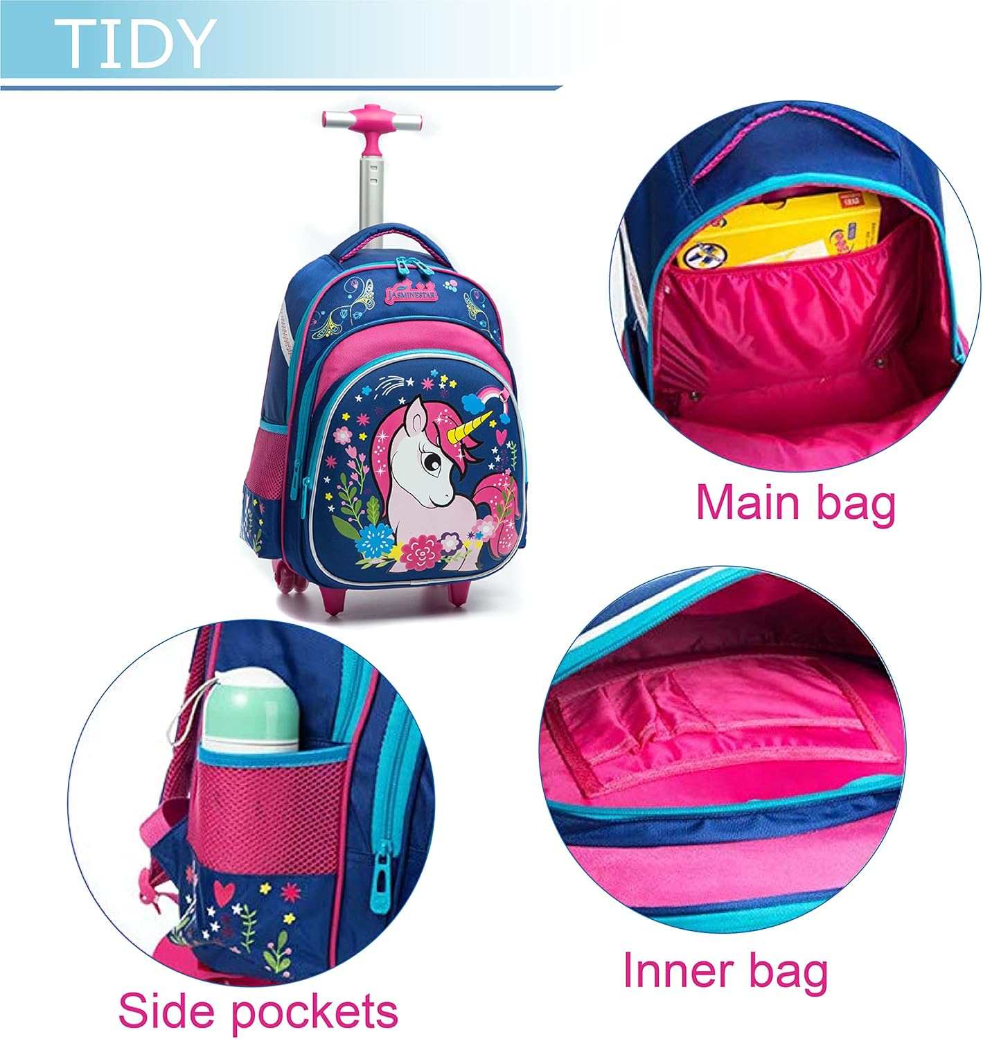 Einhorn Schultrolley für Kinder mit Zubehör-Set, A-bleu